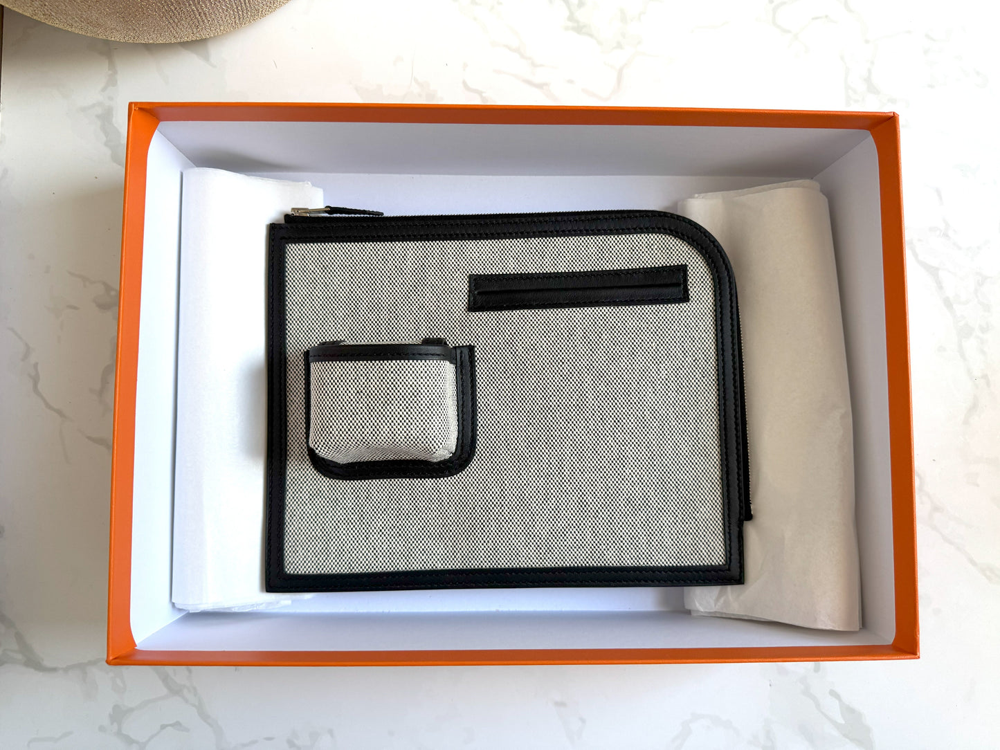 BNIB Hermès H Swift Canvas Cargo Travel Pouch in Ecru-Black with Palladium HW