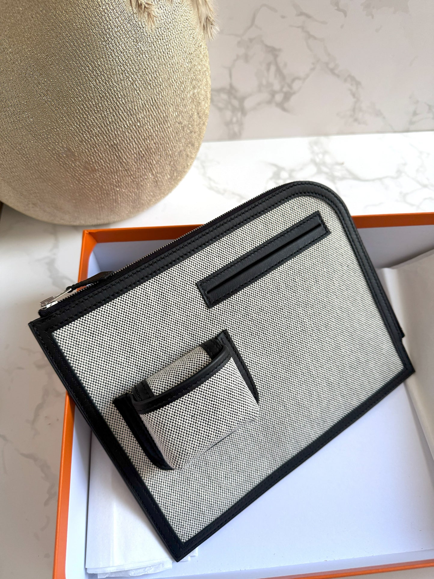 BNIB Hermès H Swift Canvas Cargo Travel Pouch in Ecru-Black with Palladium HW