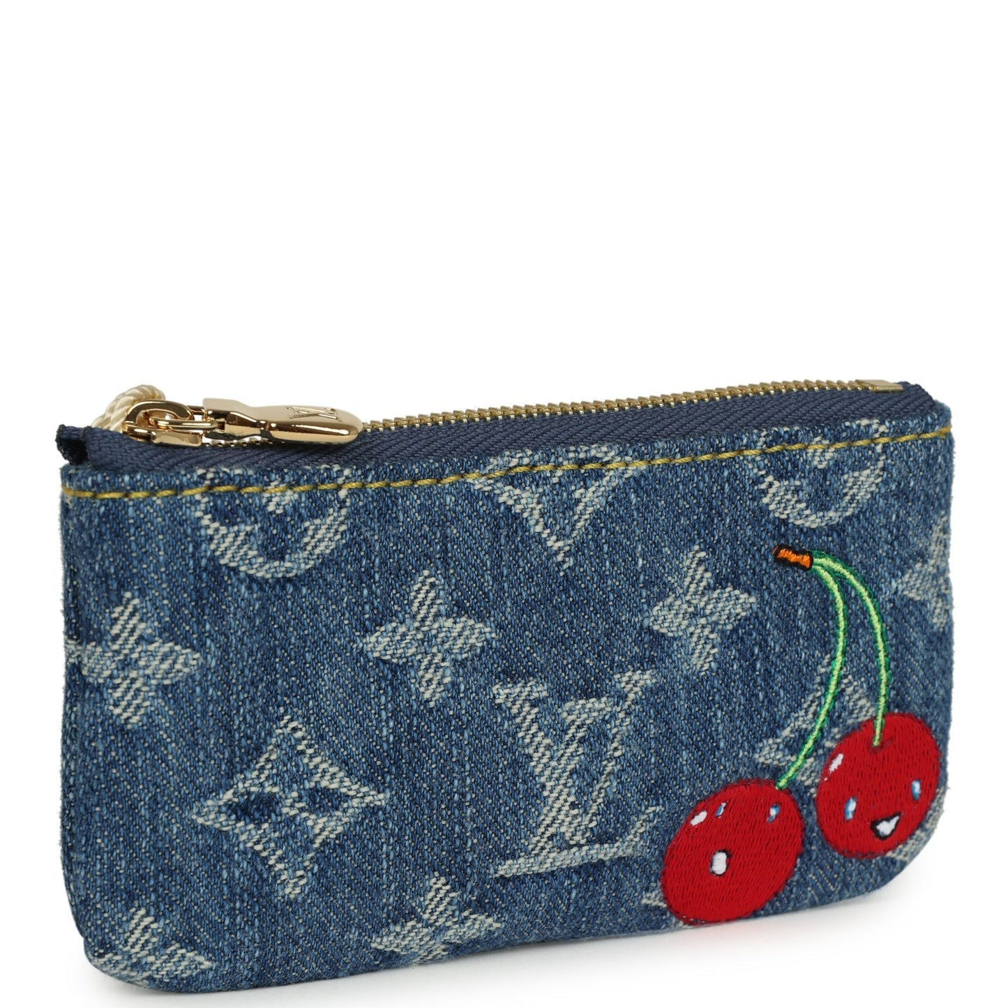 Louis Vuitton X Takashi Murakami Key Pouch Denim Monogram Cherry Gold Hardware