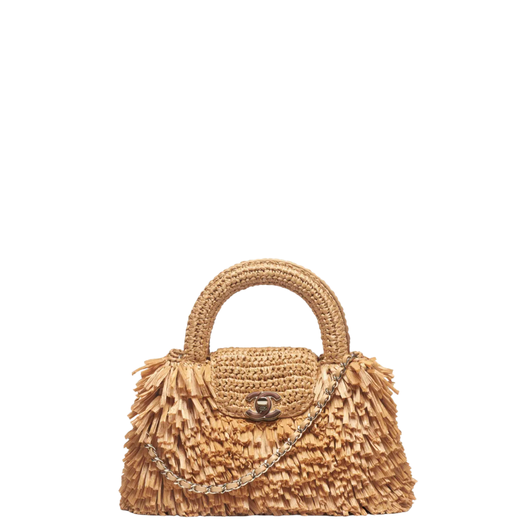 Chanel Mini Shopping Bag Raffia-Effect Fabric Wood & Gold-Tone Metal Dark Beige