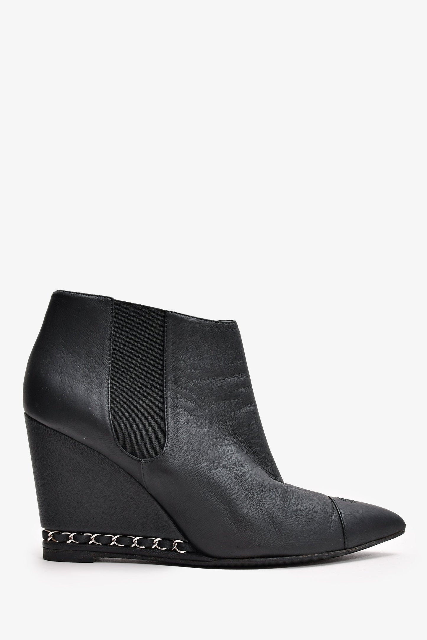 Pre-Loved Chanel™ Black Leather Chain Detail CC Heeled Ankle Boots Size 36