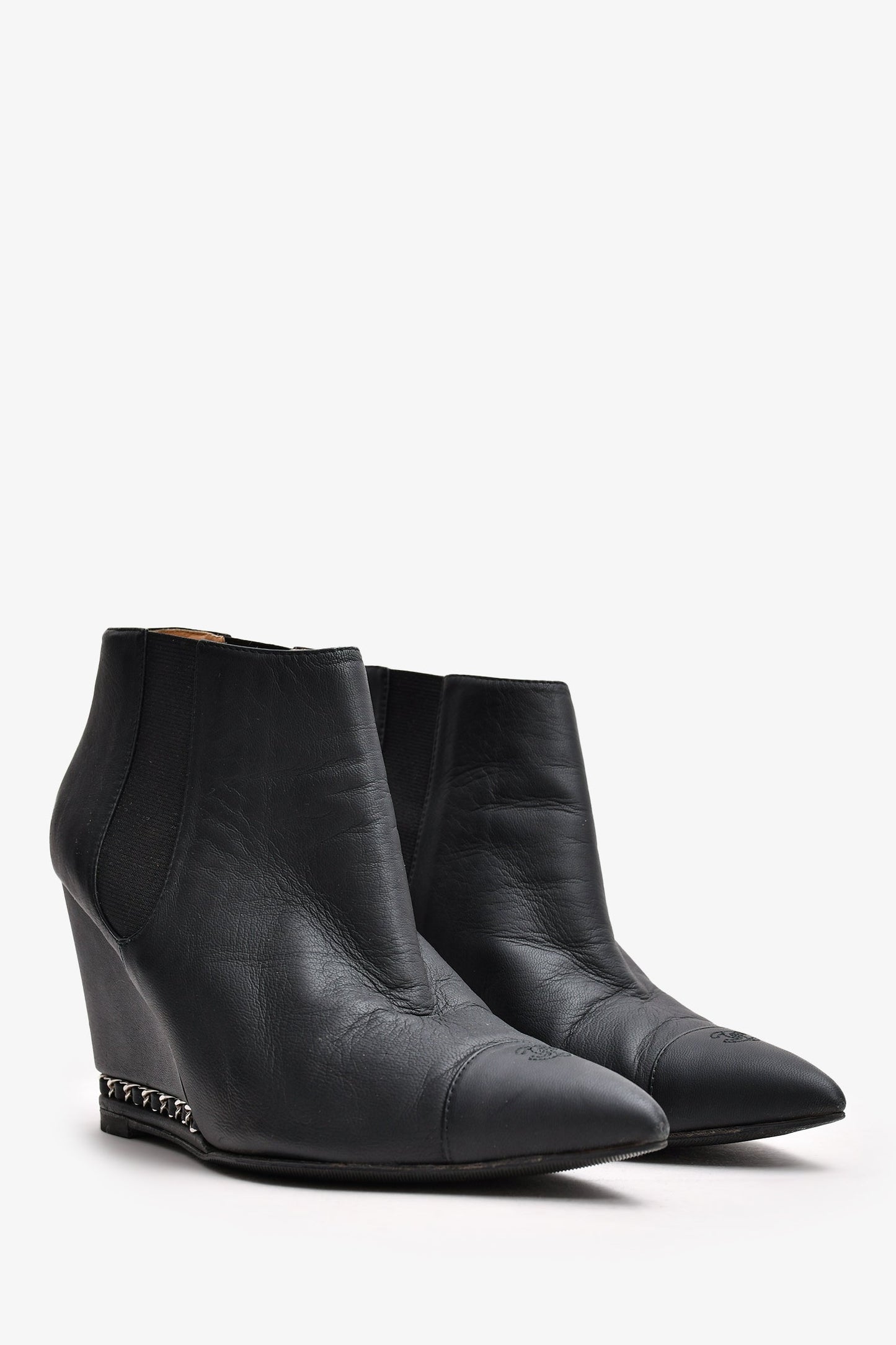 Pre-Loved Chanel™ Black Leather Chain Detail CC Heeled Ankle Boots Size 36