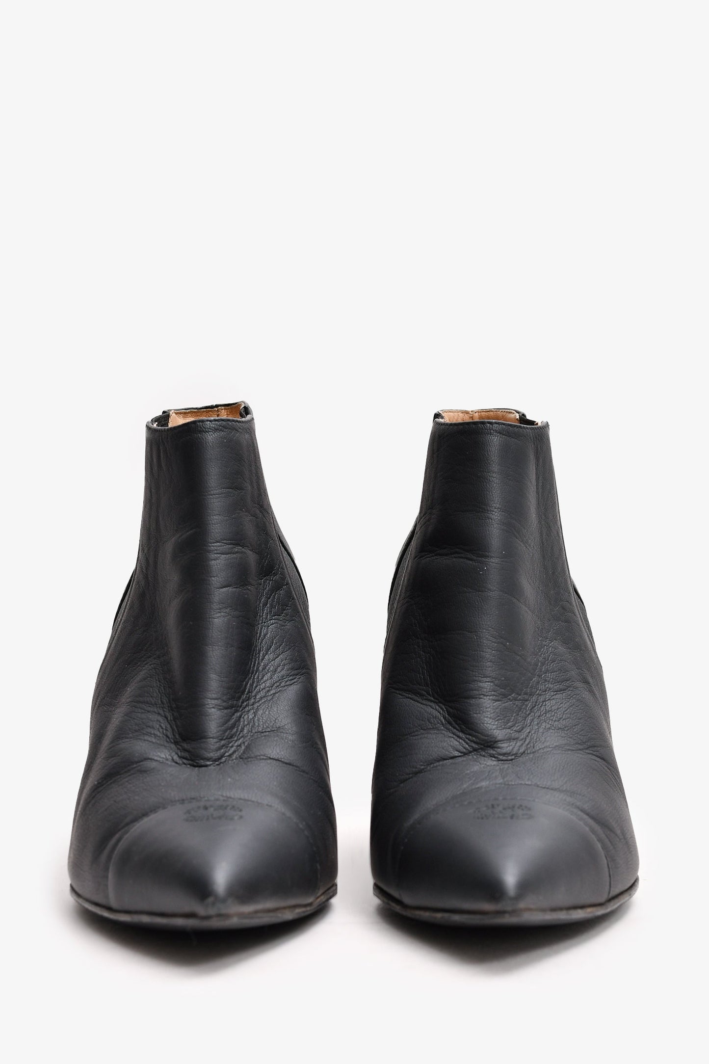 Pre-Loved Chanel™ Black Leather Chain Detail CC Heeled Ankle Boots Size 36