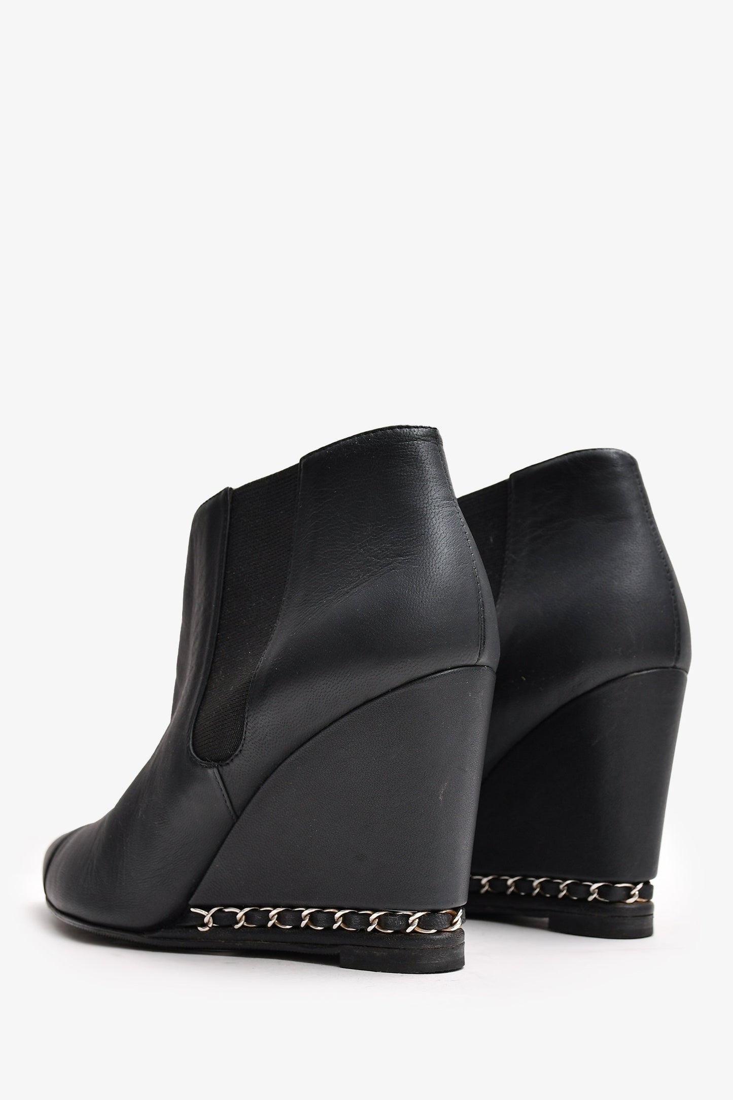 Pre-Loved Chanel™ Black Leather Chain Detail CC Heeled Ankle Boots Size 36