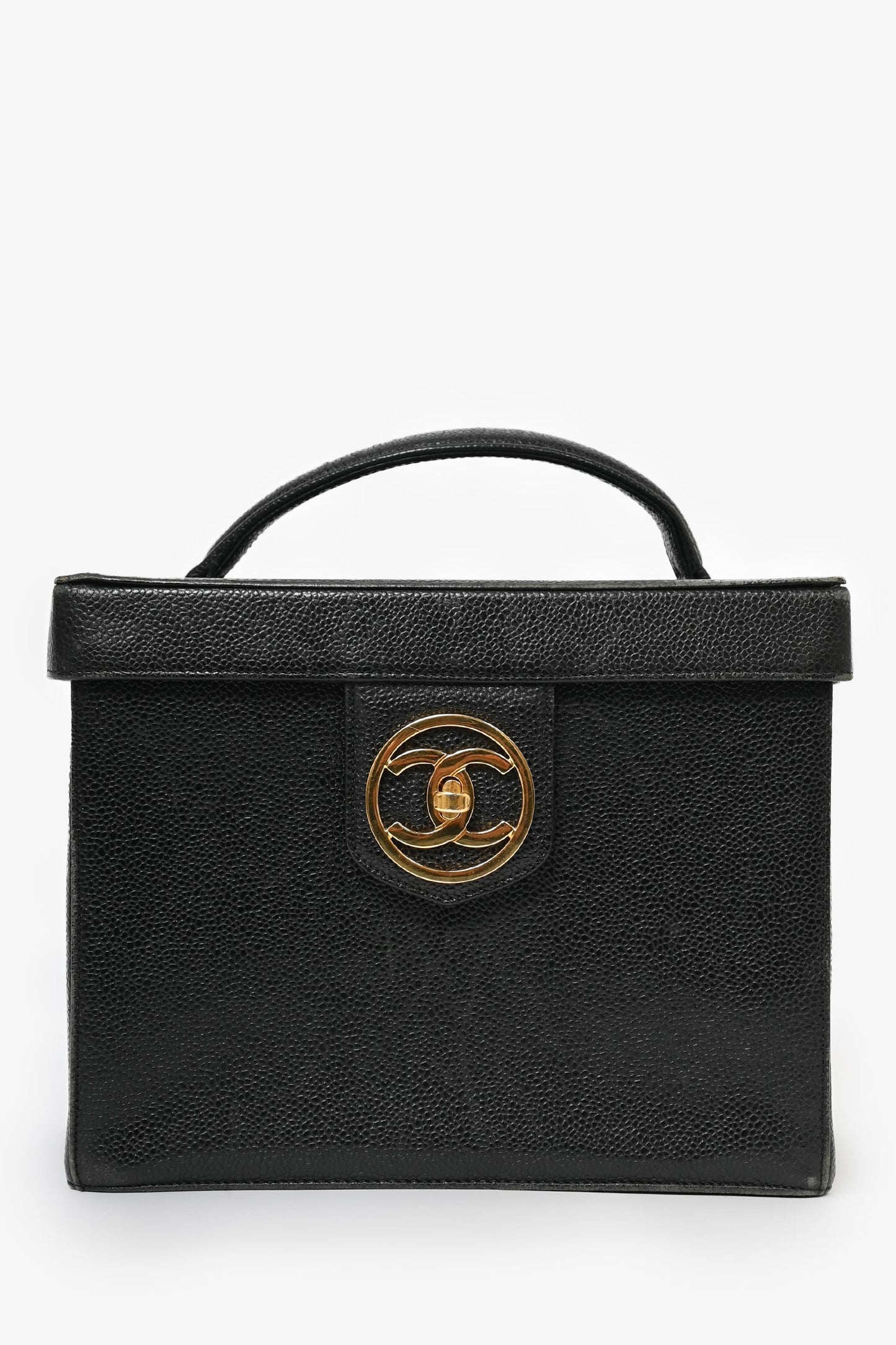 Pre-Loved Chanel™ 1991-94 Vintage Black Caviar Leather CC Box Vanity Makeup Case with Chain Strap
