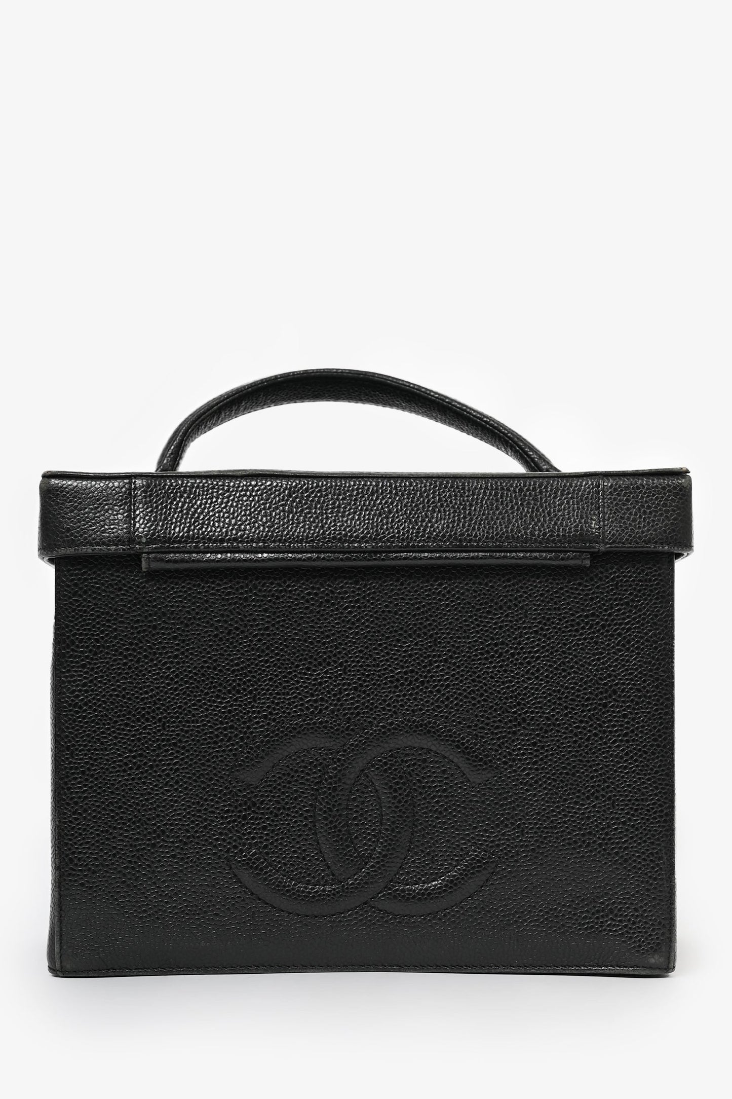 Pre-Loved Chanel™ 1991-94 Vintage Black Caviar Leather CC Box Vanity Makeup Case with Chain Strap