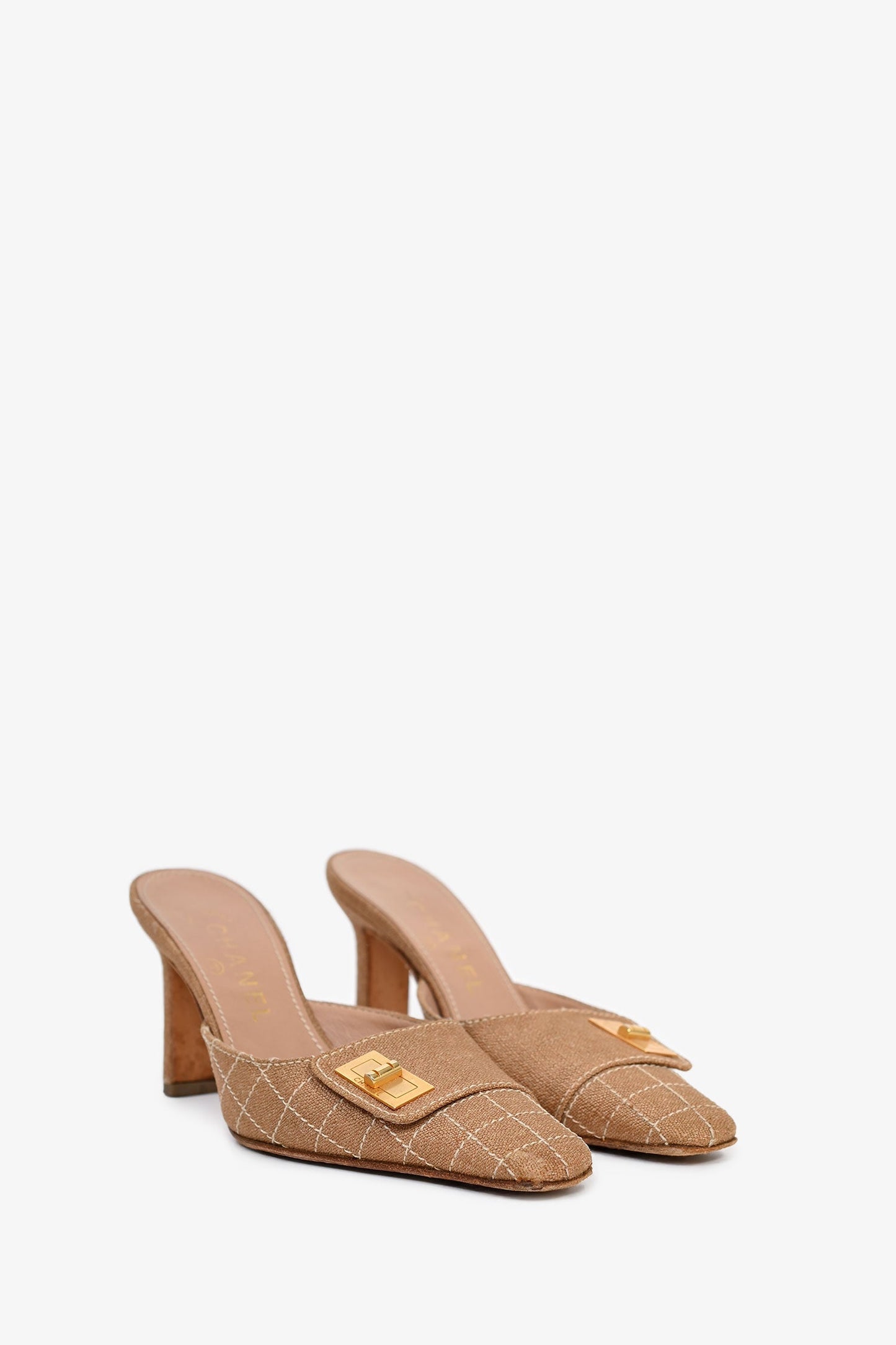 Pre-Loved Chanel™ Vintage Beige Gold Lock Mules Size 37