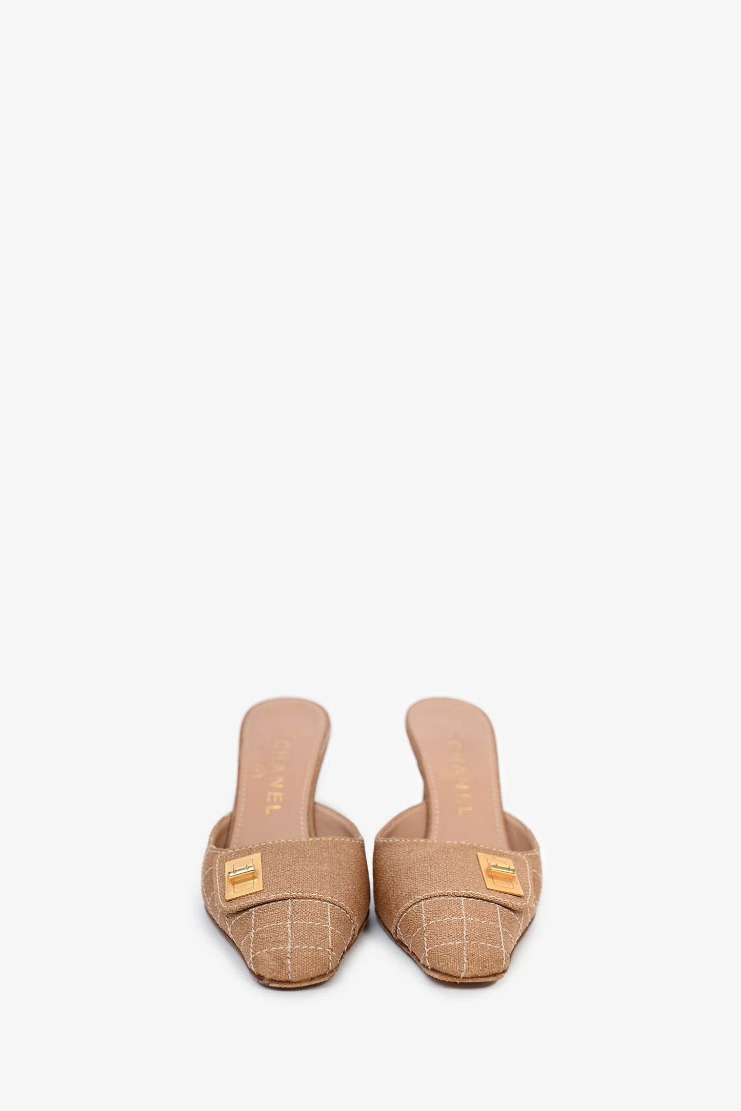 Pre-Loved Chanel™ Vintage Beige Gold Lock Mules Size 37