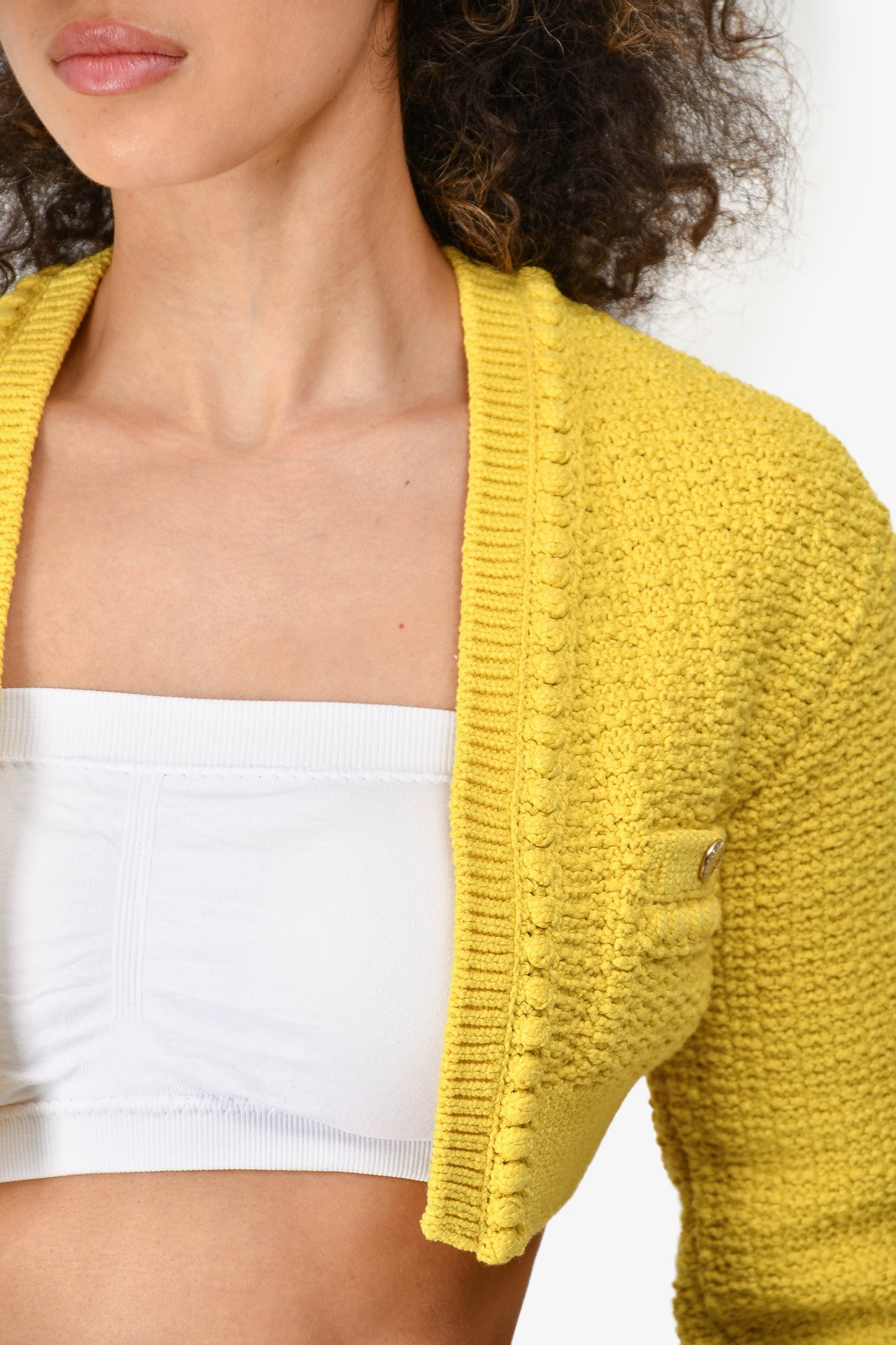 Pre-Loved Chanel™ Short Sleeve 2020 Yellow Cotton Blend Knit Cropped Cardigan Size 34