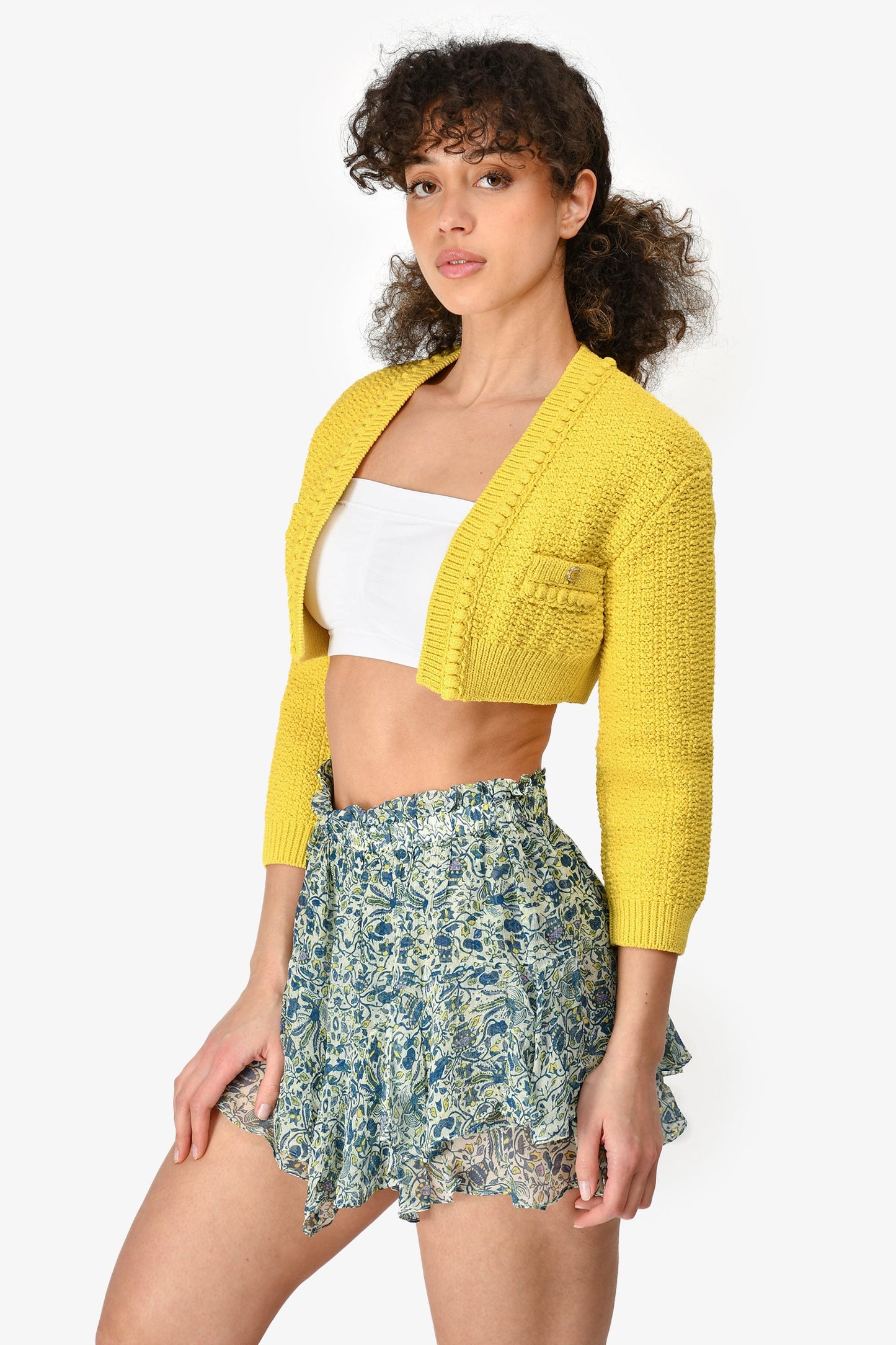 Pre-Loved Chanel™ Short Sleeve 2020 Yellow Cotton Blend Knit Cropped Cardigan Size 34