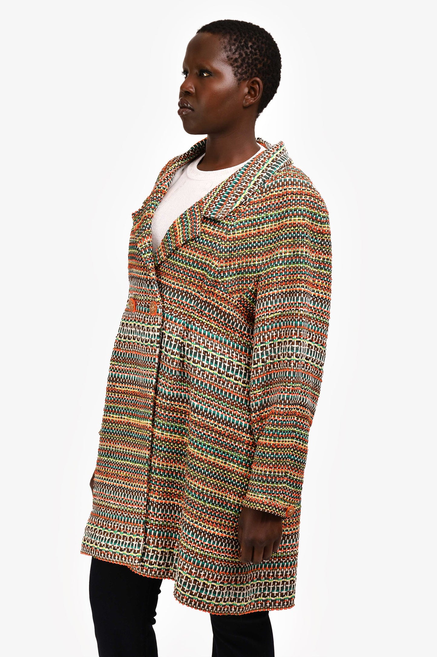 Pre-Loved Chanel™ 2016 Orange/Green Tweed Mid Length Coat with CC Buttons Size 50