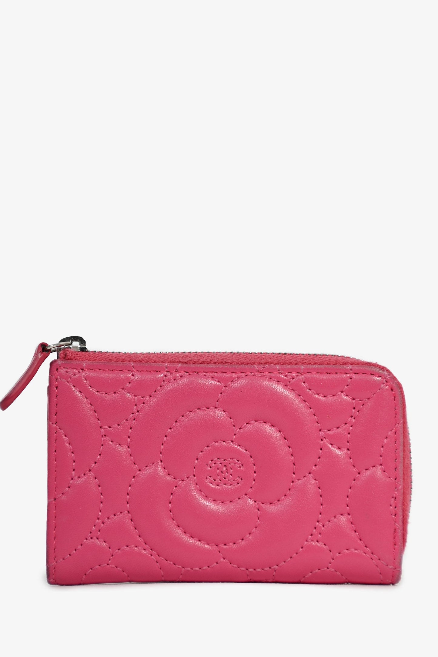 Pre-Loved Chanel™ 2017-18 Hot Pink Camellia Flower Key Ring Card Holder