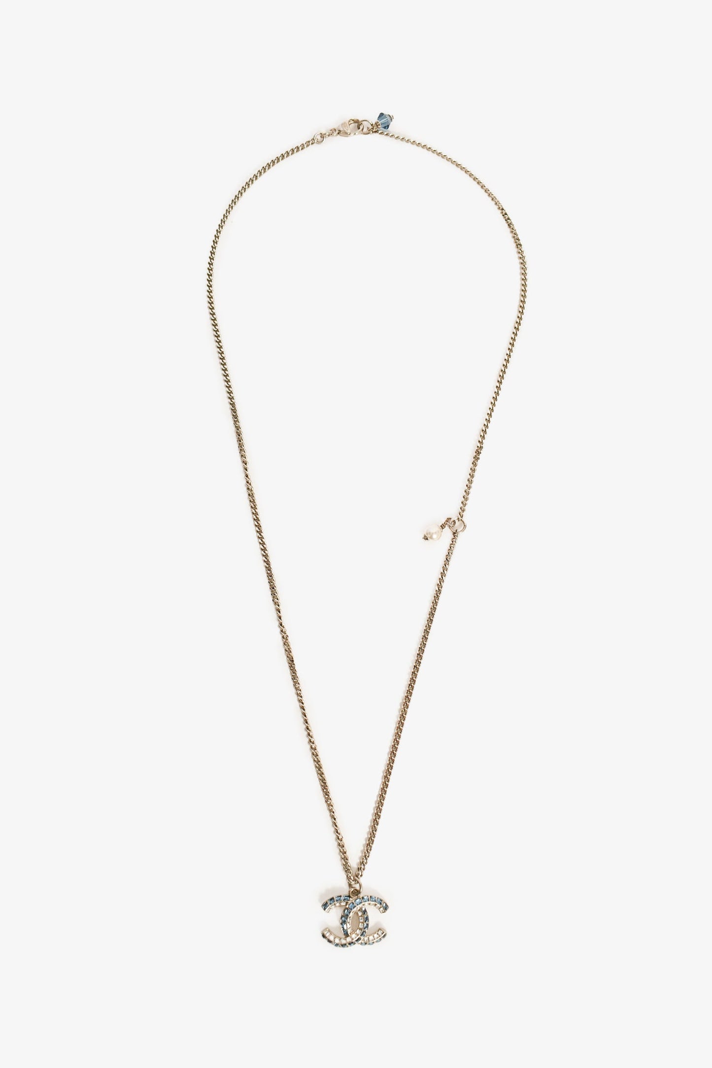 Pre-Loved Chanel™ 2019 Silver Toned Blue Crystal CC Long Necklace