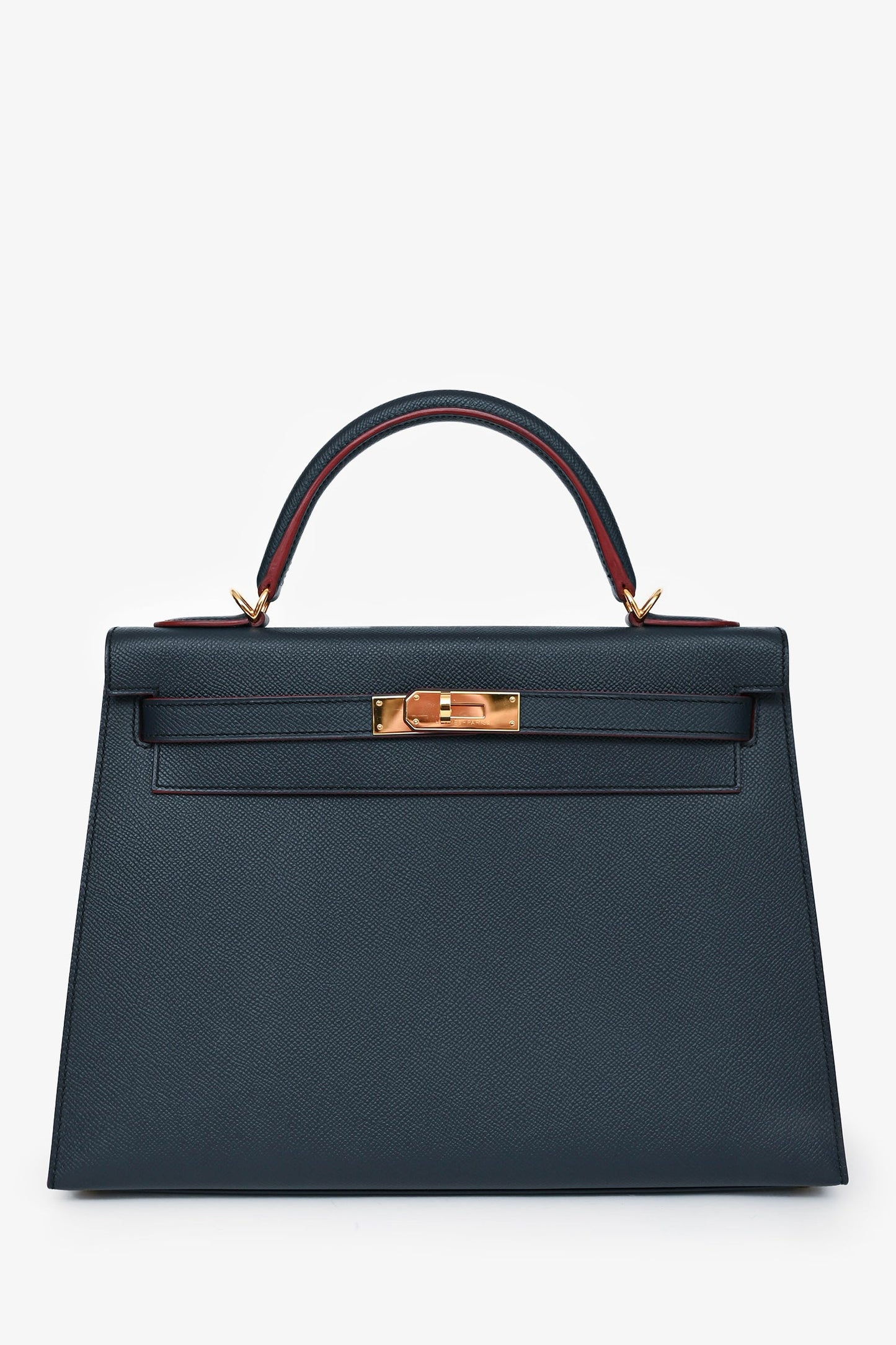 Hermès 2016 Blue Indigo/Rouge H Trim Epsom Leather Contour Sellier Kelly 32 With Strap GHW