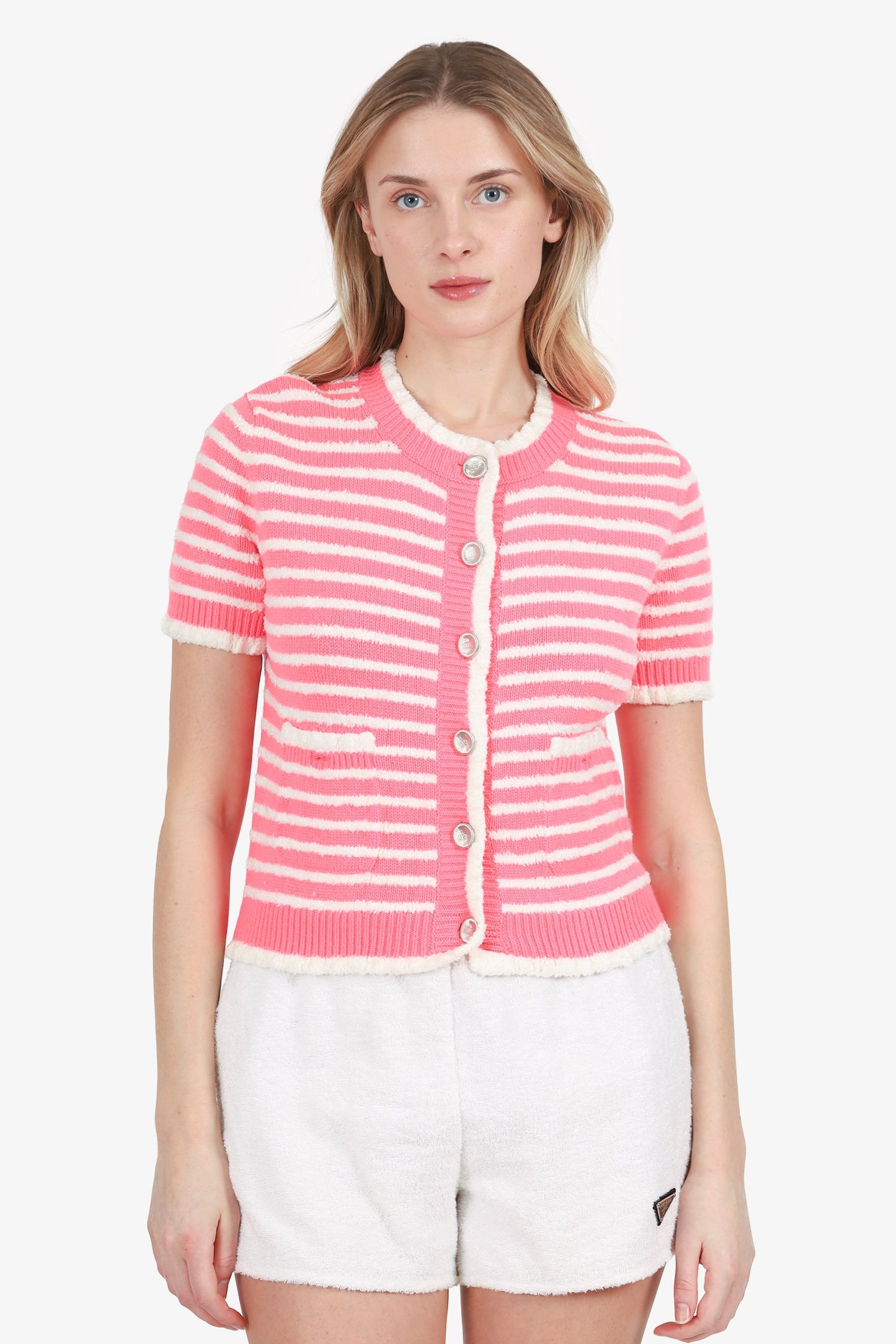 Pre-Loved Chanel™ Pink/White Striped Cotton Knit Short Sleeve CC Button Cardigan Size 36