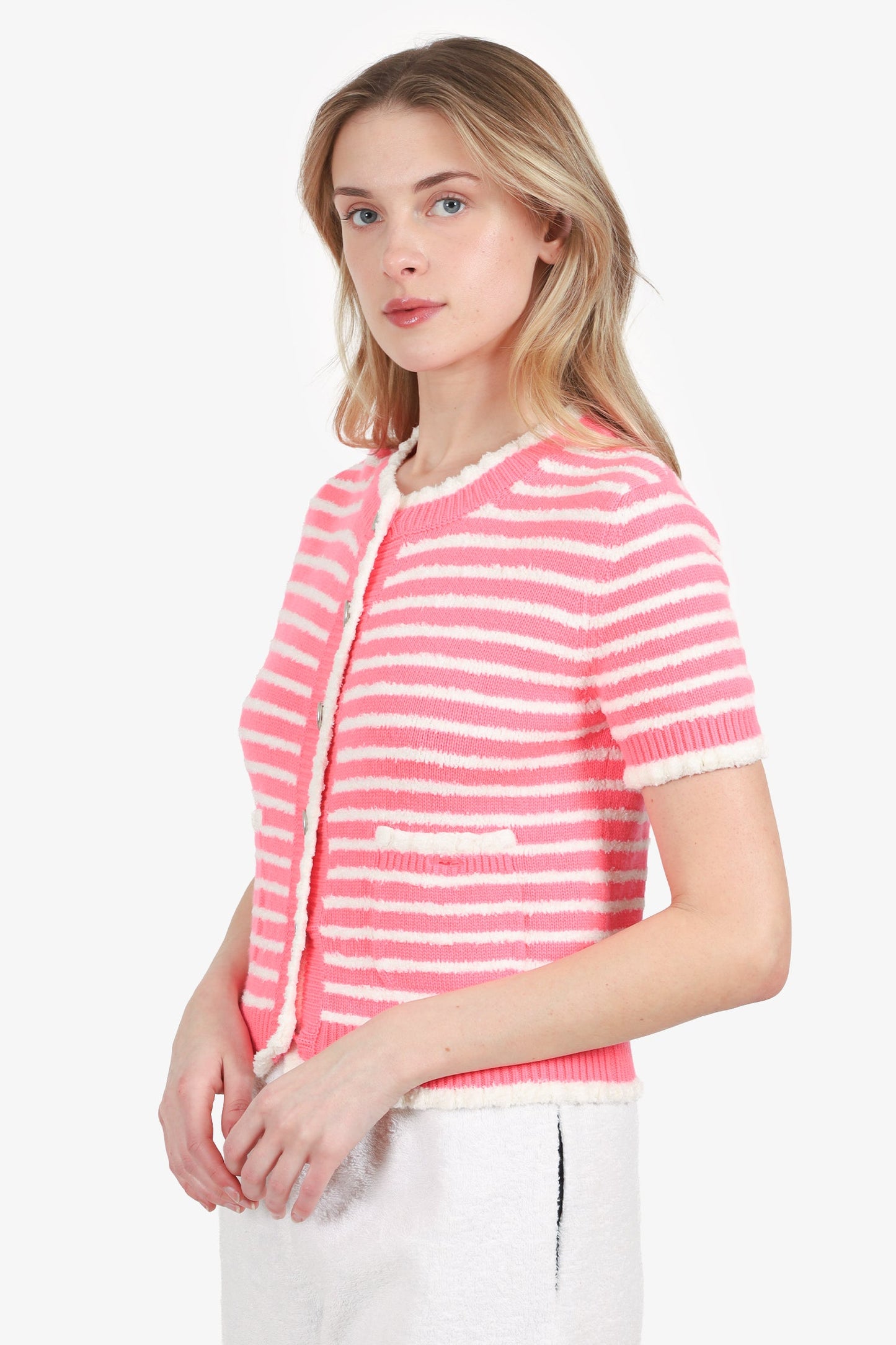 Pre-Loved Chanel™ Pink/White Striped Cotton Knit Short Sleeve CC Button Cardigan Size 36