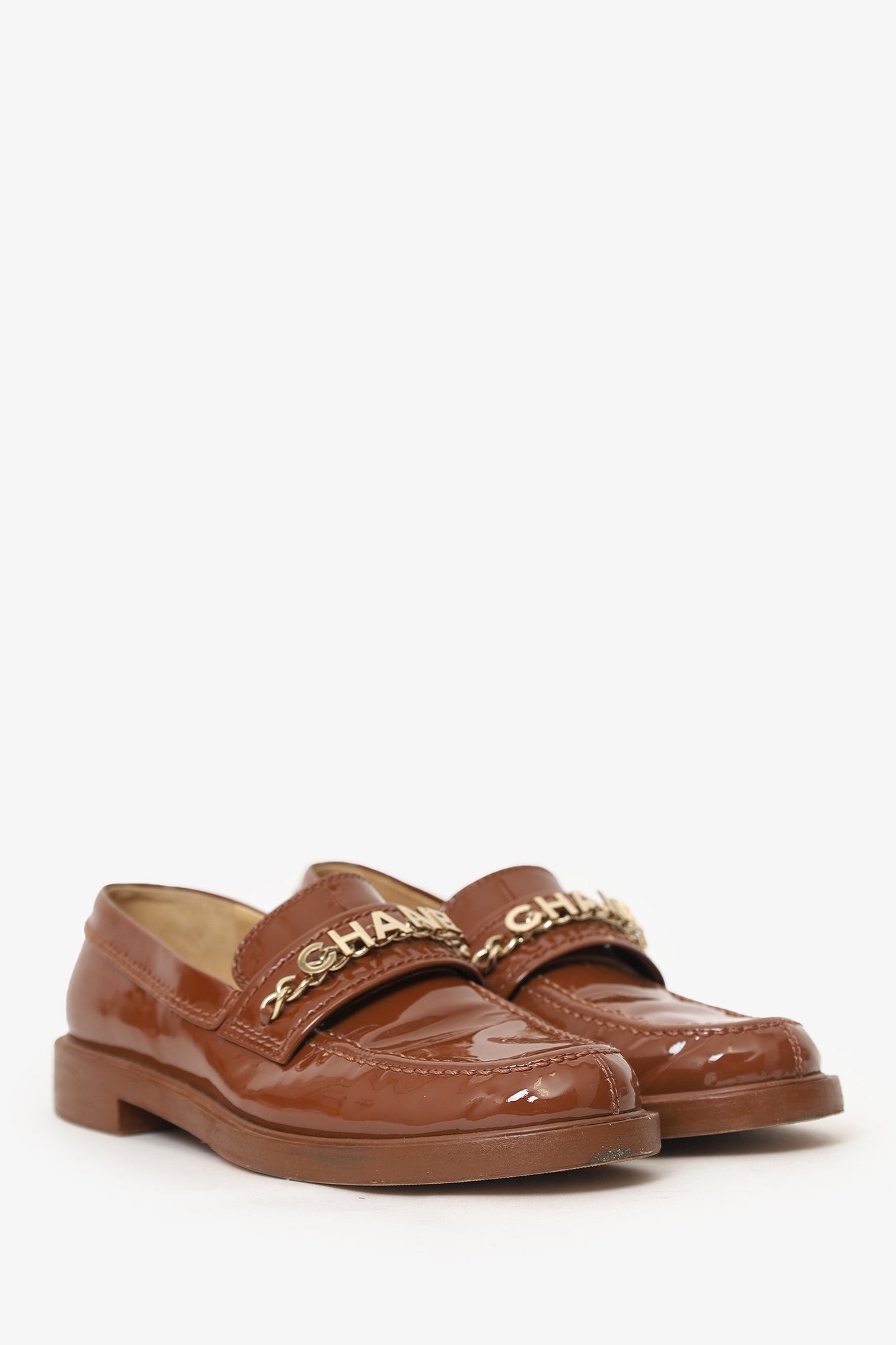 Pre-Loved Chanel™ Brown Patent Leather 'Chanel' Loafers Size 37.5