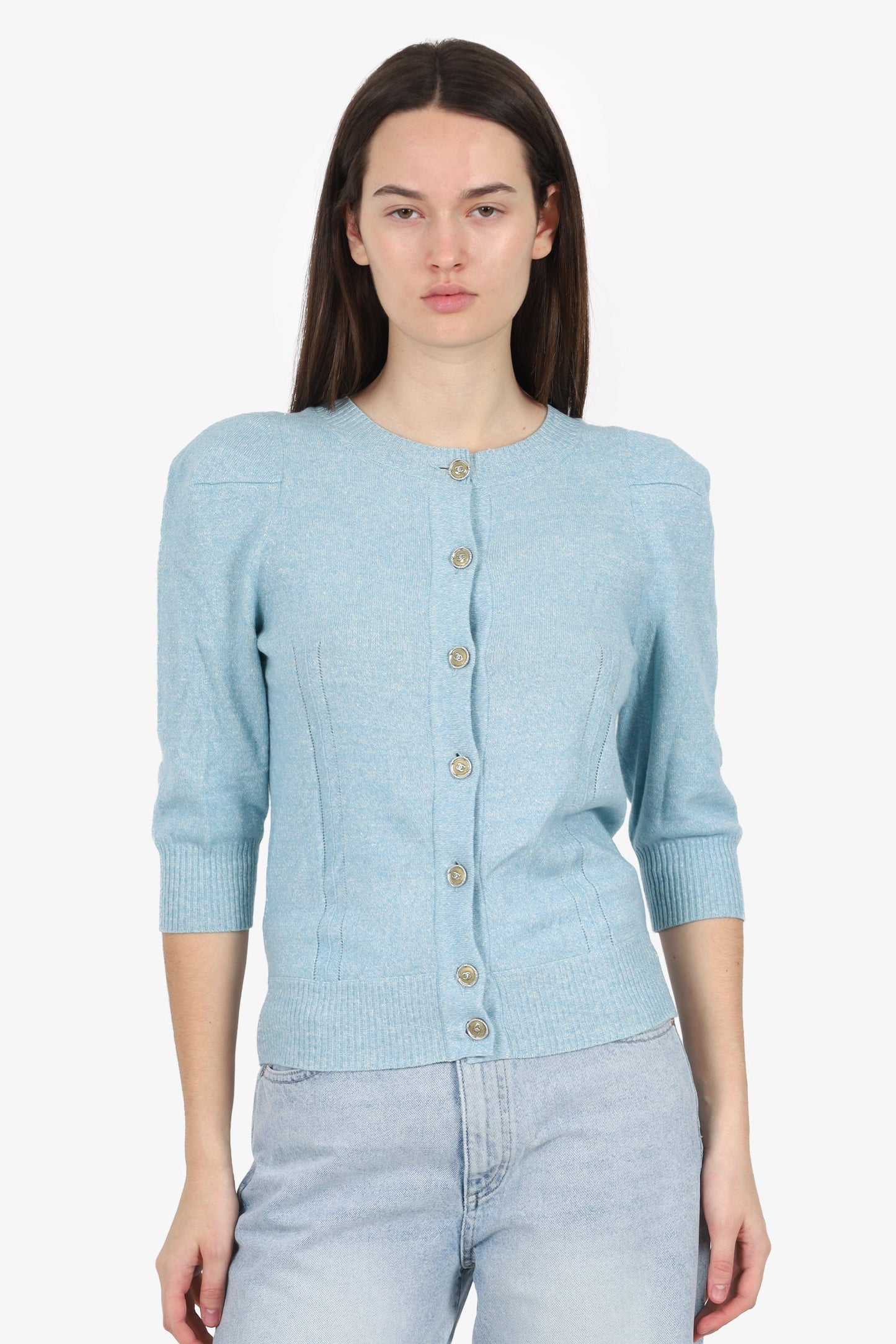 Pre-Loved Chanel™ Blue Linen/Cashmere Knit Cardigan Size 36
