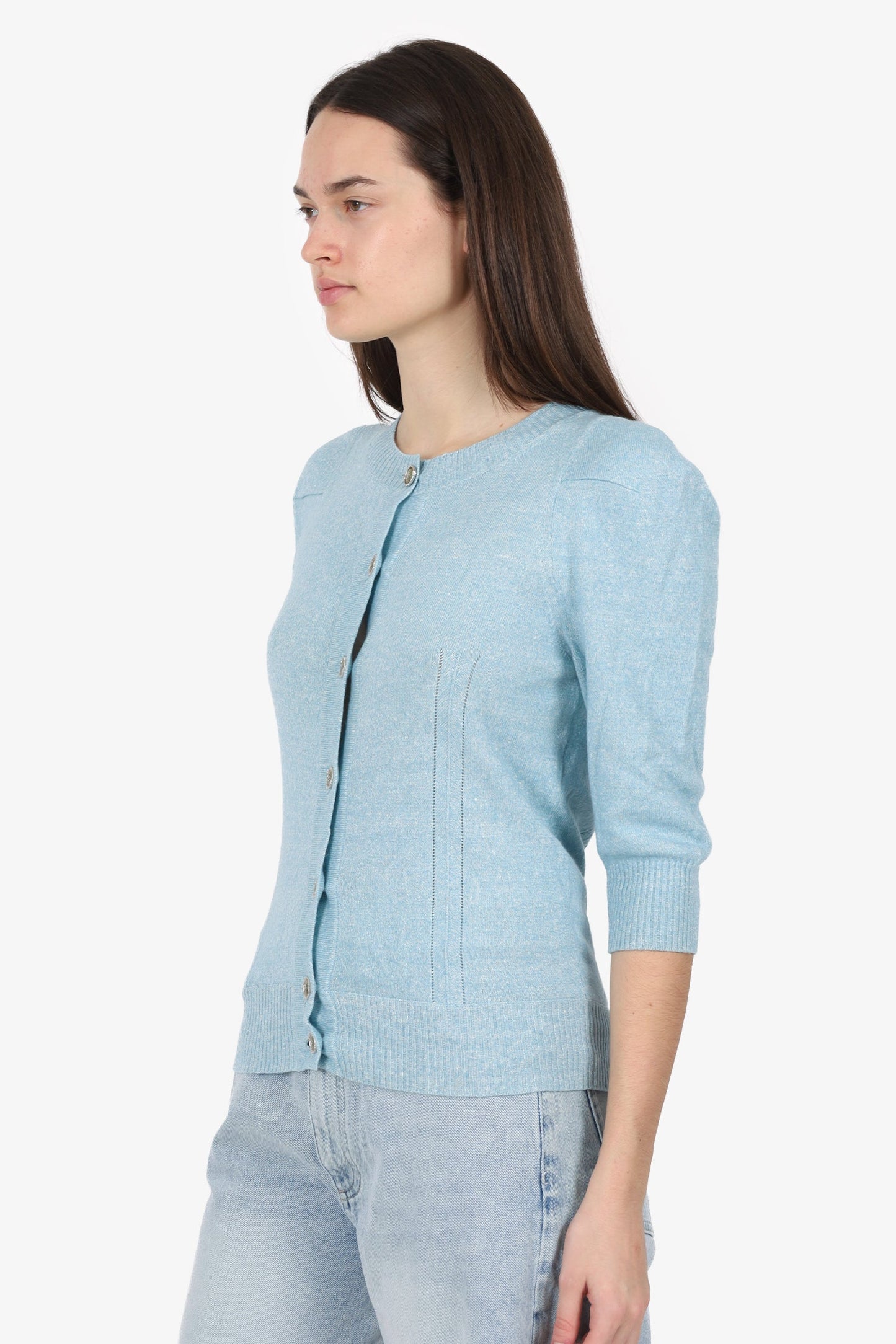 Pre-Loved Chanel™ Blue Linen/Cashmere Knit Cardigan Size 36