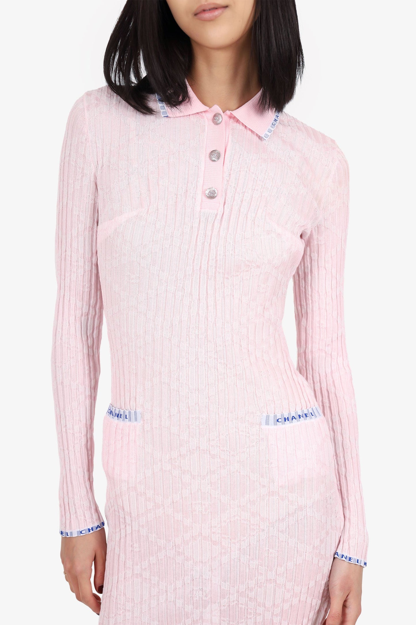 Pre-Loved Chanel™ 24S Pink Stretch Knitted Polo Dress Size 34