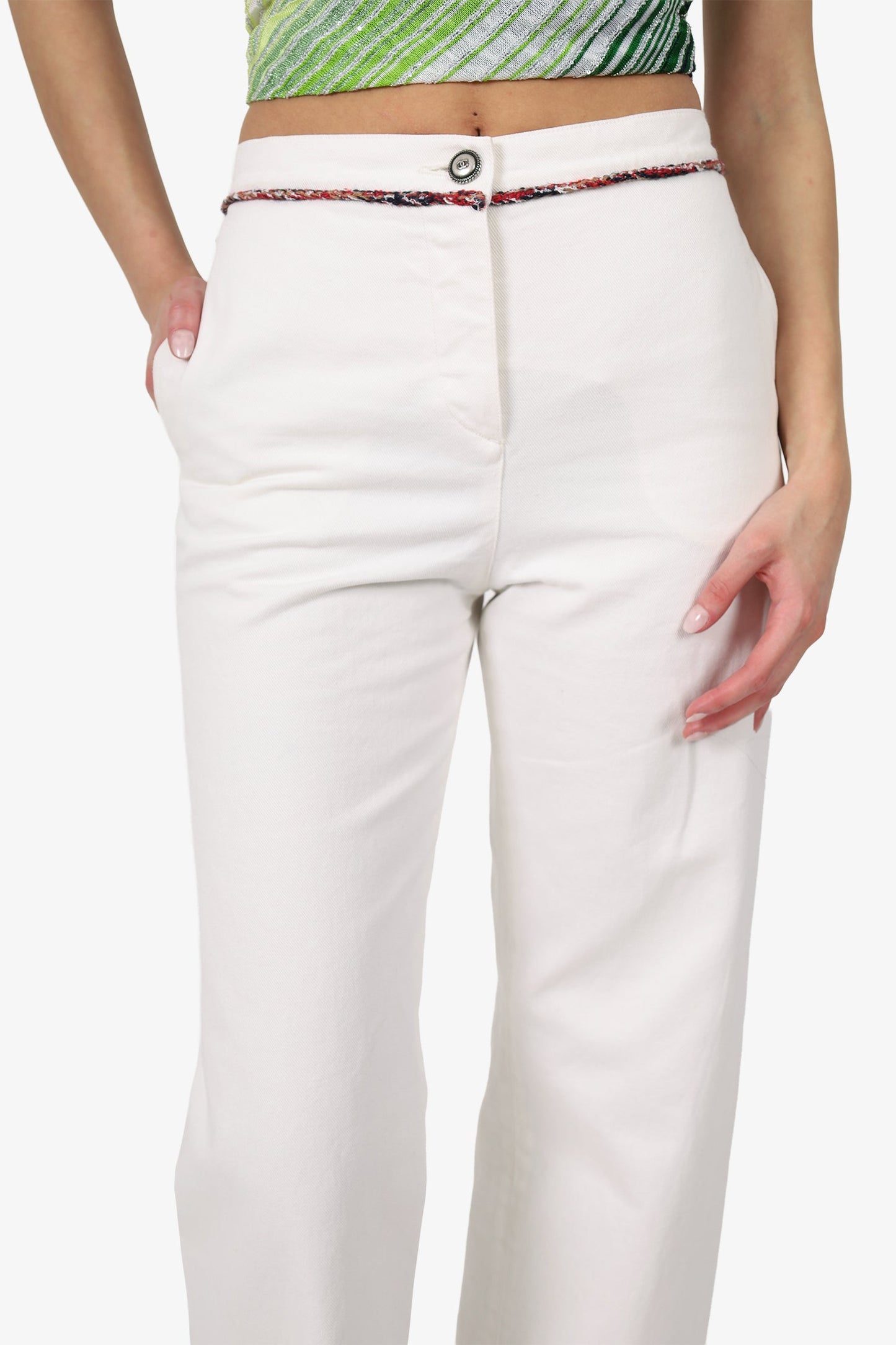 Pre-Loved Chanel™ White Denim Tweed Trimmed Wide Leg Jeans Size 38