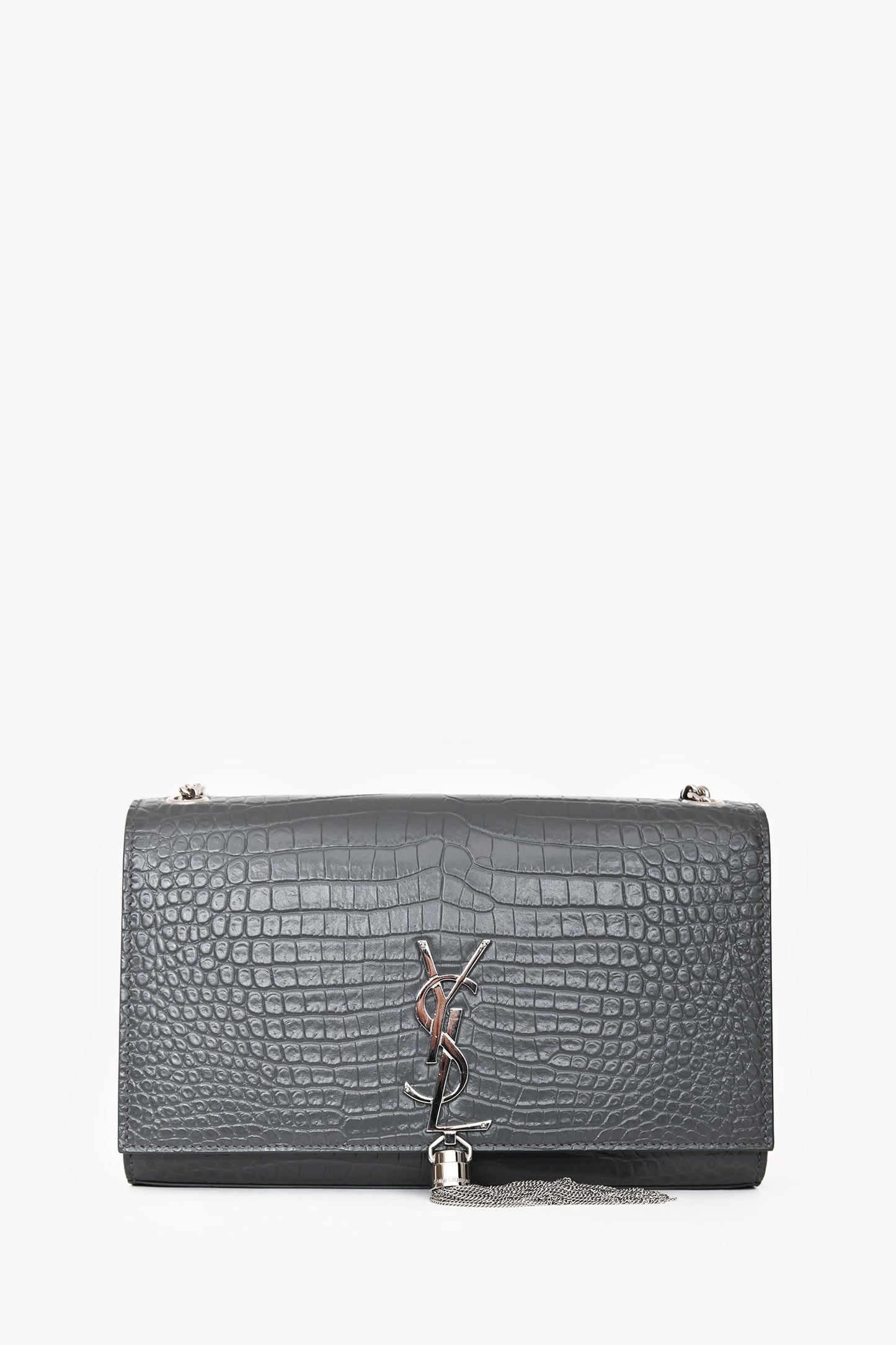 Saint Laurent Grey Croc Embossed Medium 'Kate' Shoulder Bag