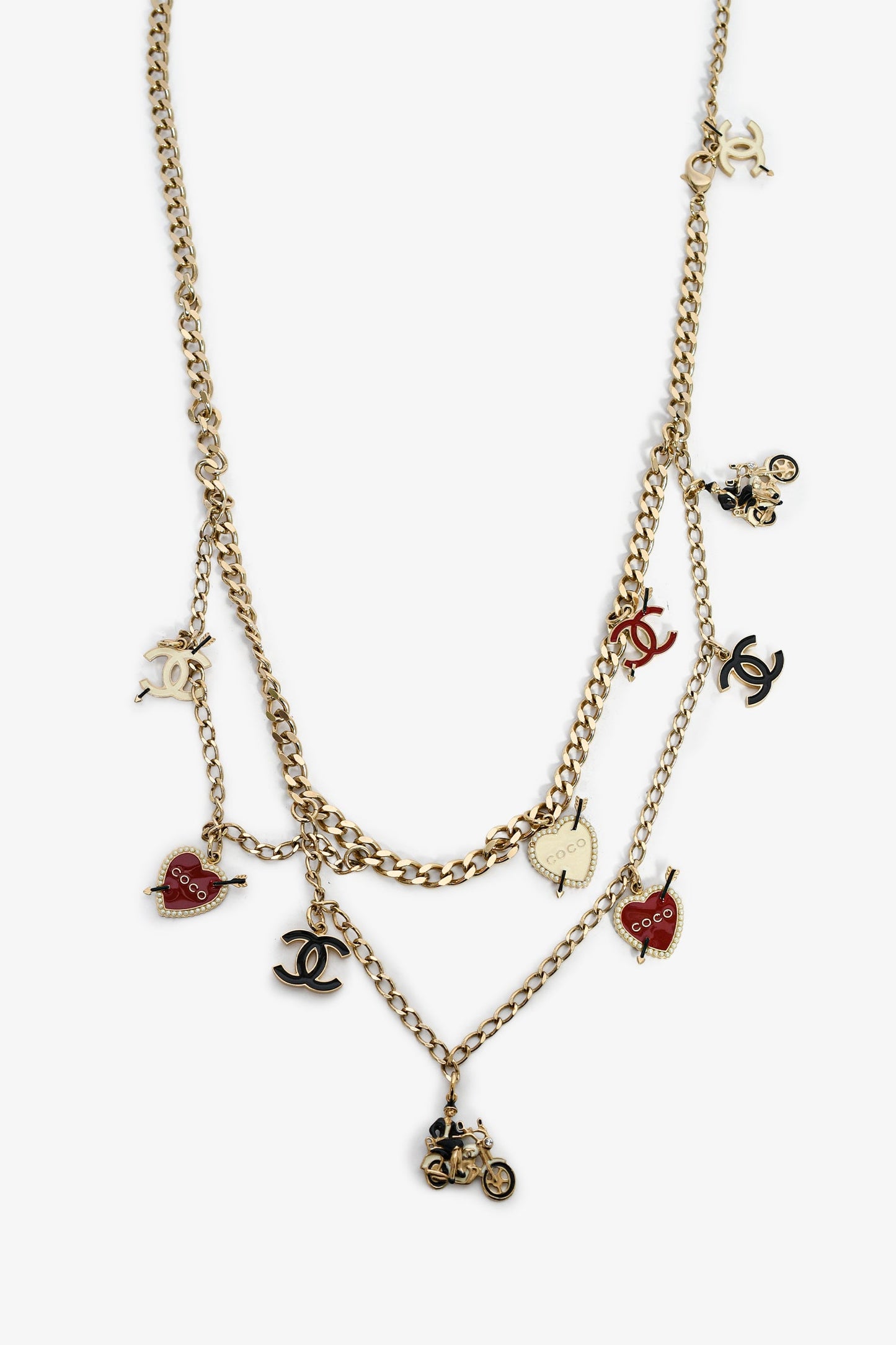 Pre-Loved Chanel™ 2010 Gold Toned Black/White/Red Enamel 'Coco Rider' Charm Chain Belt