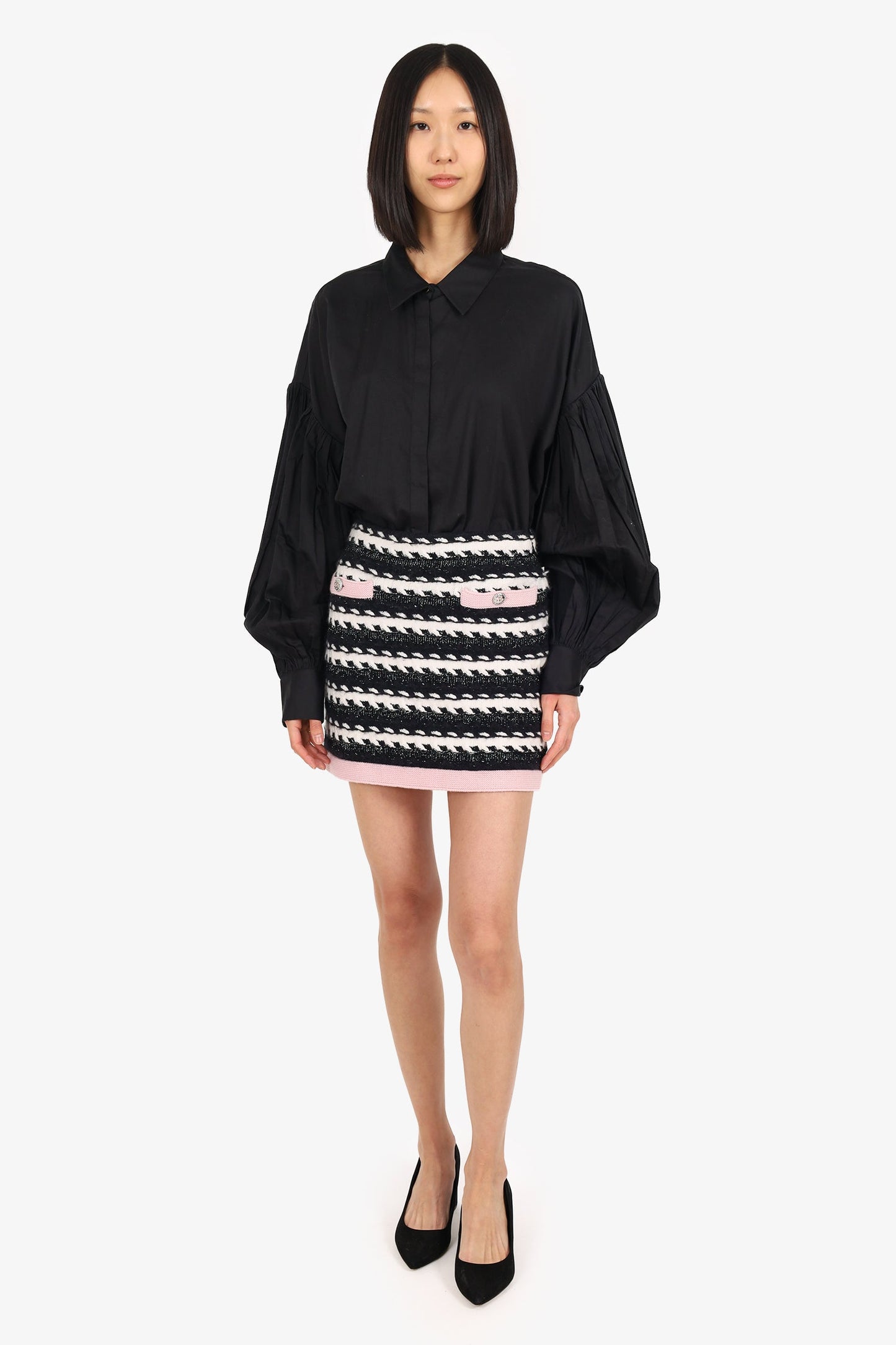 Pre-Loved Chanel™ 22B Black/White/Pink Cashmere Striped Knit Mini Skirt Size 34