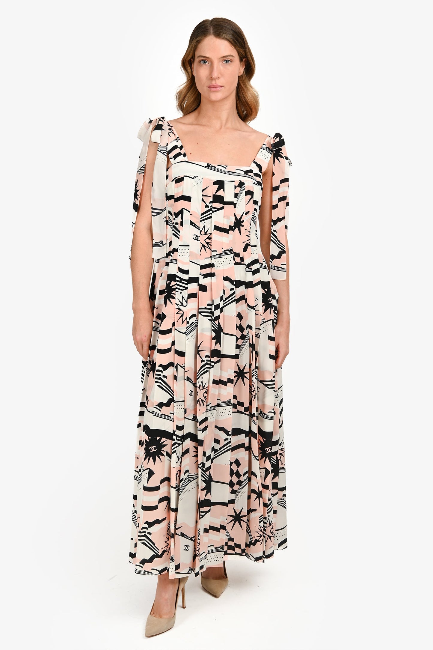 Pre-Loved Chanel™ 2018 Pink/White Silk Nautical Sleeveless Maxi Dress Size 34