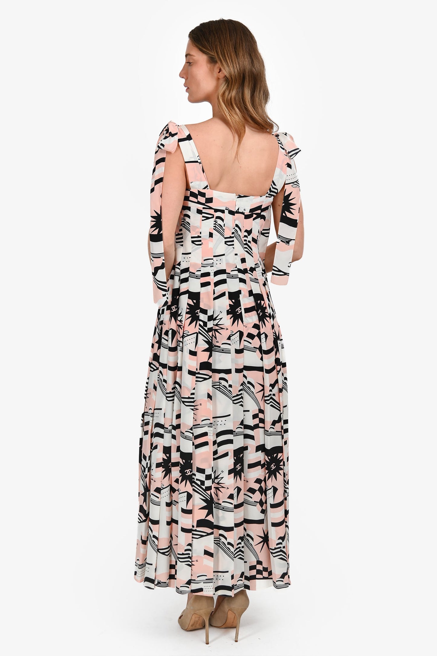 Pre-Loved Chanel™ 2018 Pink/White Silk Nautical Sleeveless Maxi Dress Size 34