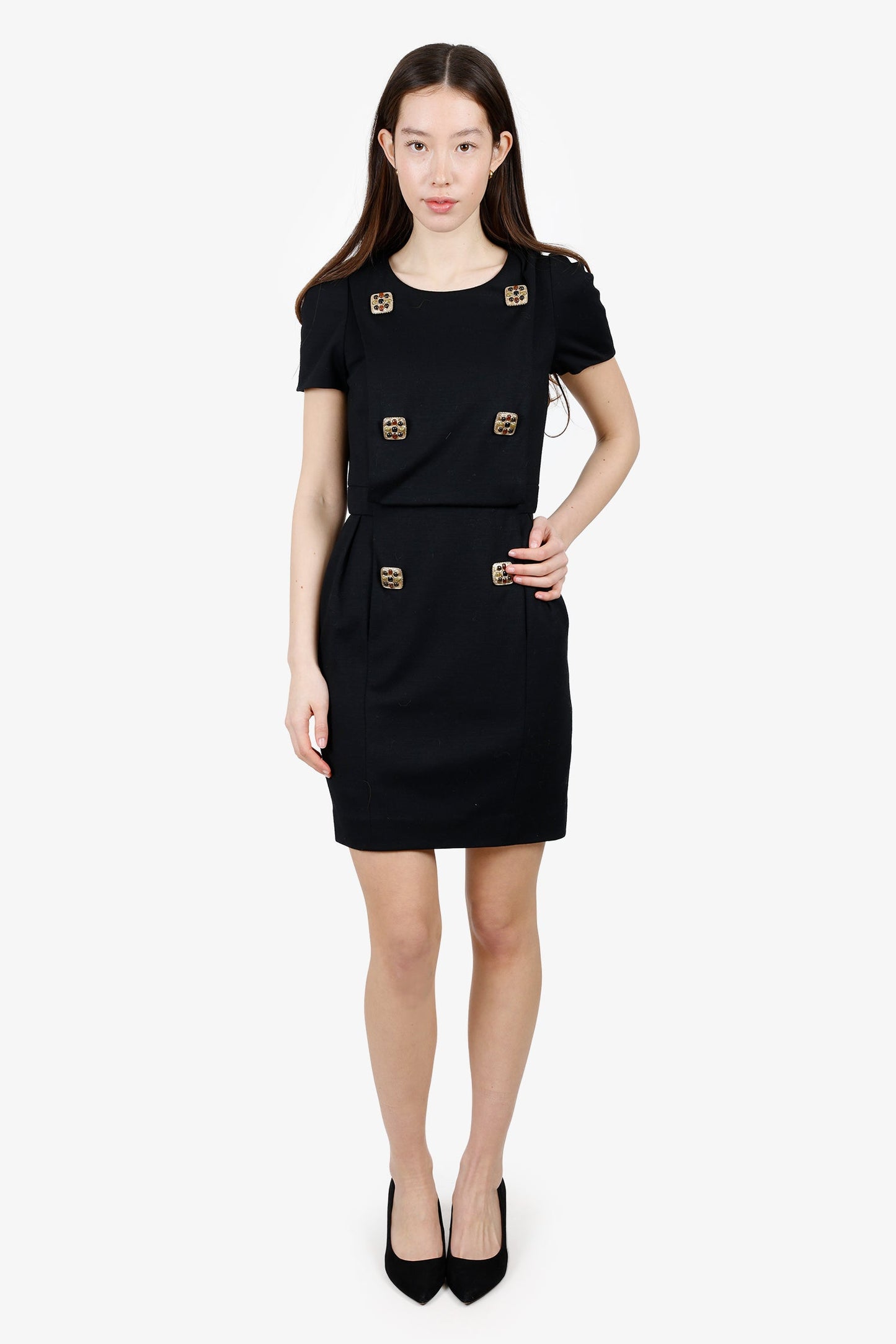 Pre-Loved Chanel™ 2011 Black Wool Square Jewel Embellished Dress Size 38