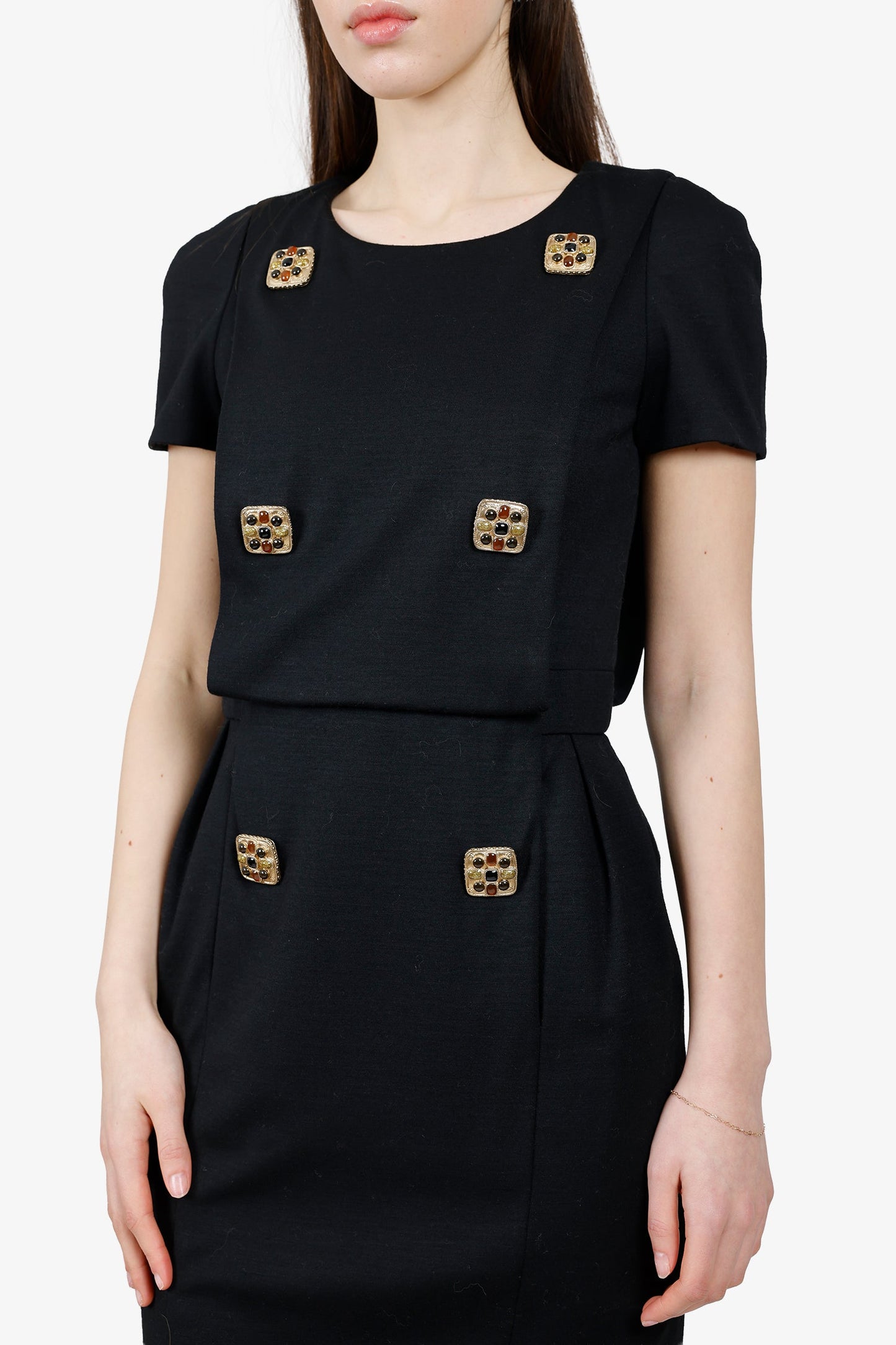Pre-Loved Chanel™ 2011 Black Wool Square Jewel Embellished Dress Size 38