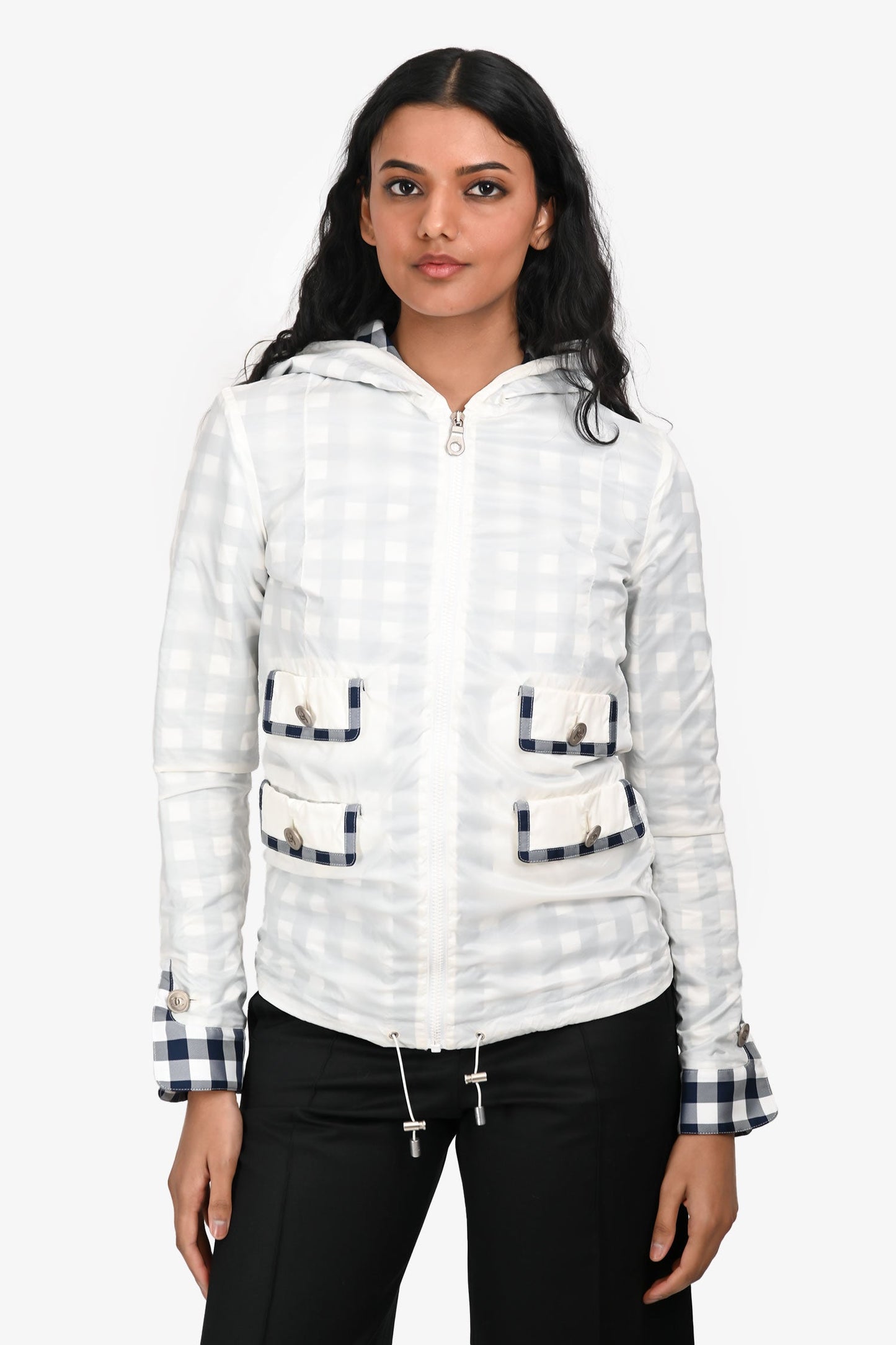 Pre-Loved Chanel™ White/Navy Check Detail Hooded Zip UP Windbreaker Size 34