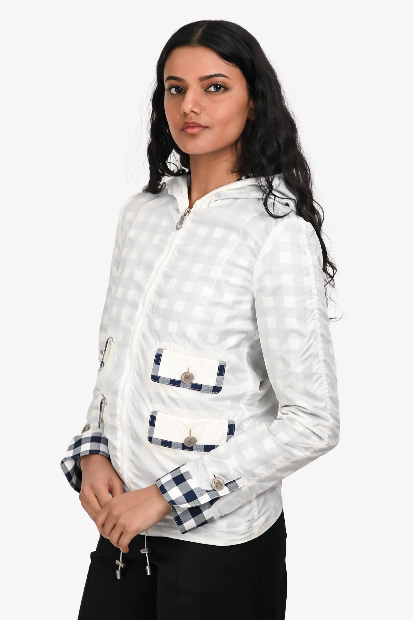 Pre-Loved Chanel™ White/Navy Check Detail Hooded Zip UP Windbreaker Size 34