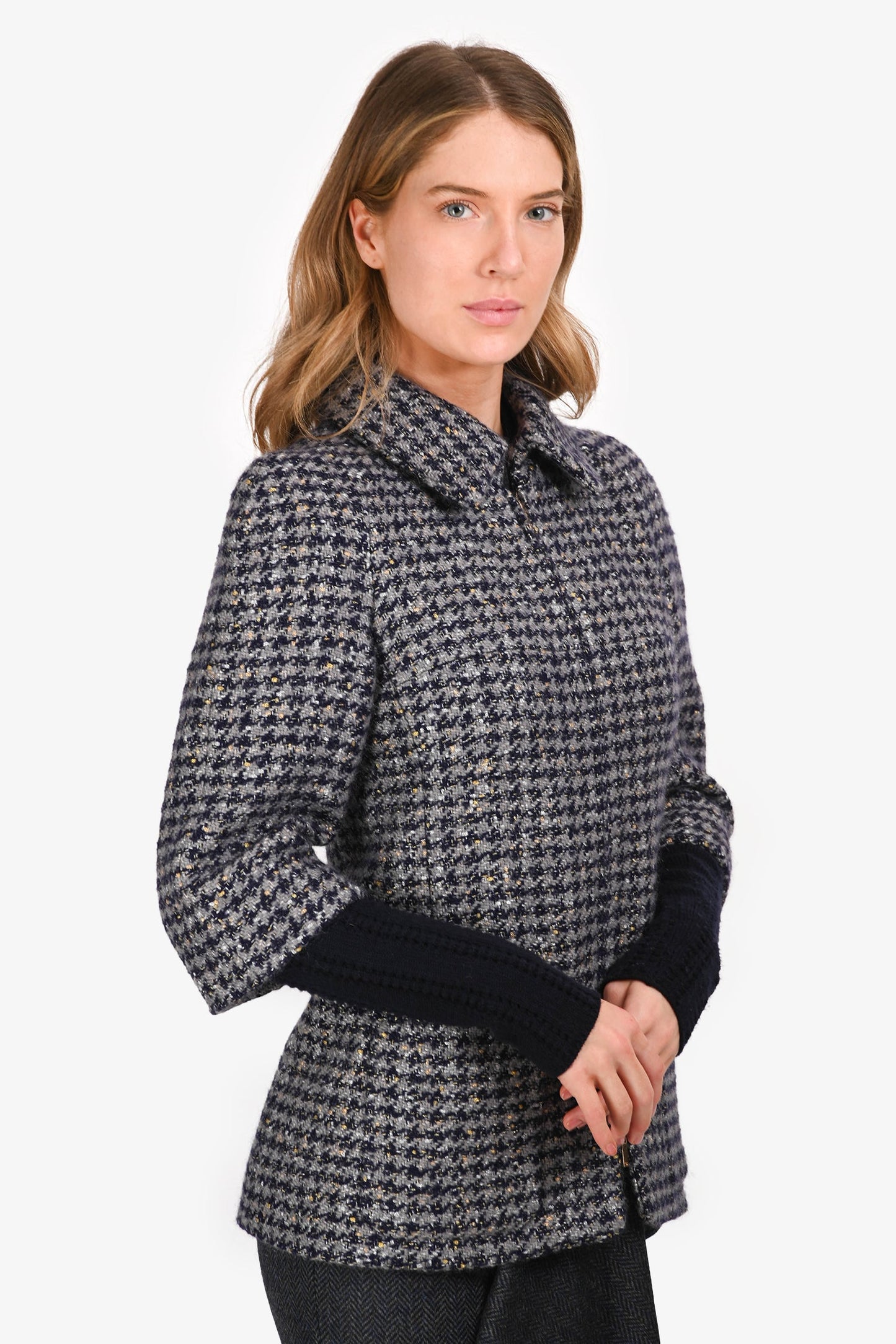 Pre-Loved Chanel™ Grey Houndstooth Zip Up Tweed Jacket Size 38
