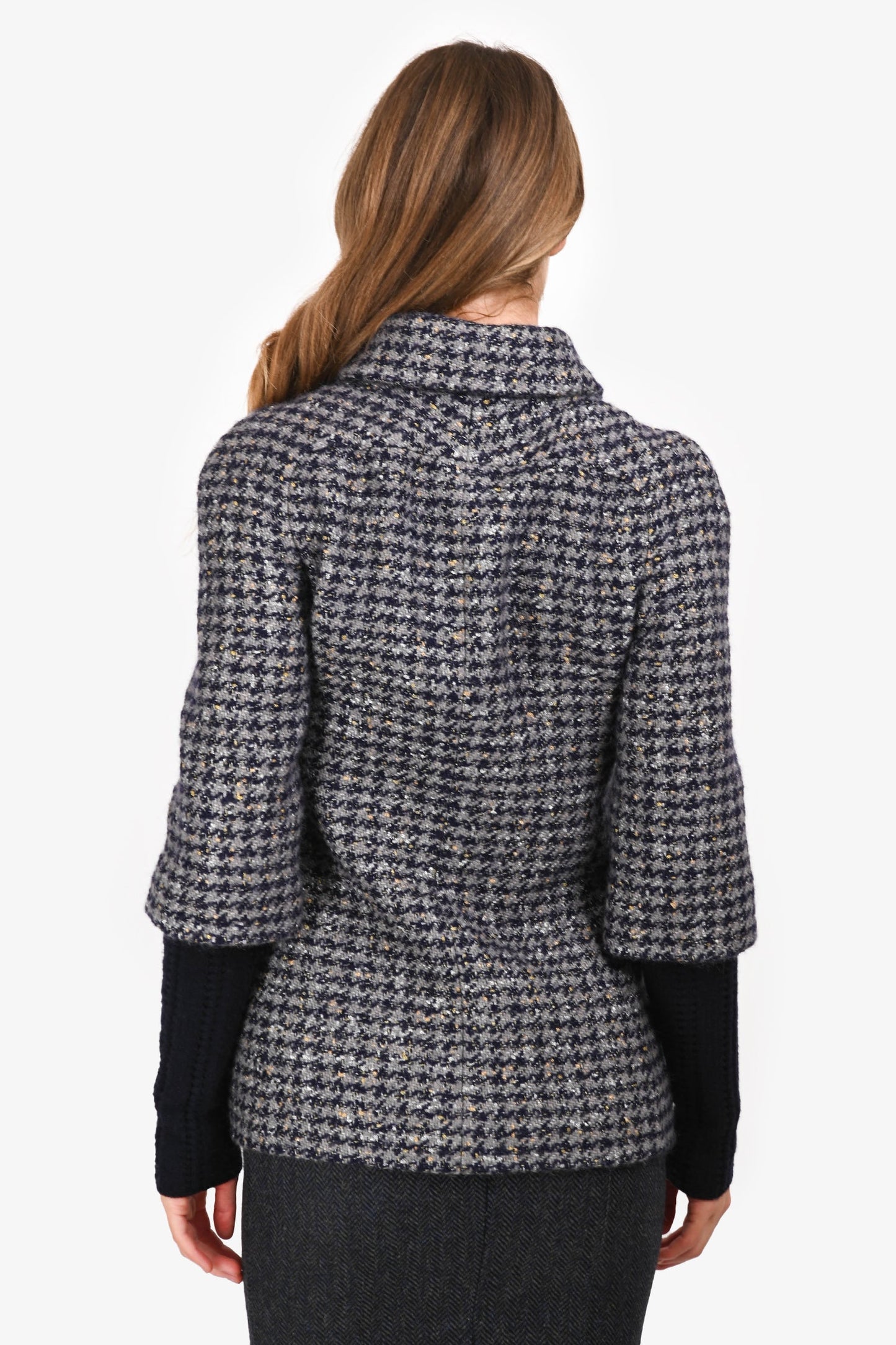 Pre-Loved Chanel™ Grey Houndstooth Zip Up Tweed Jacket Size 38