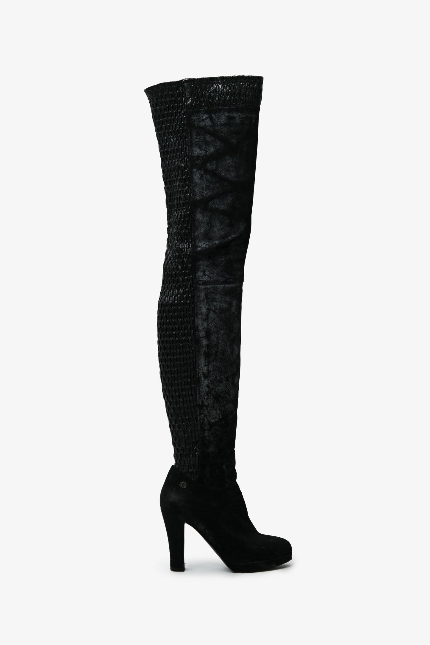 Pre-Loved Chanel™ Black Leather Distressed Textured Thigh High Boots Size 37