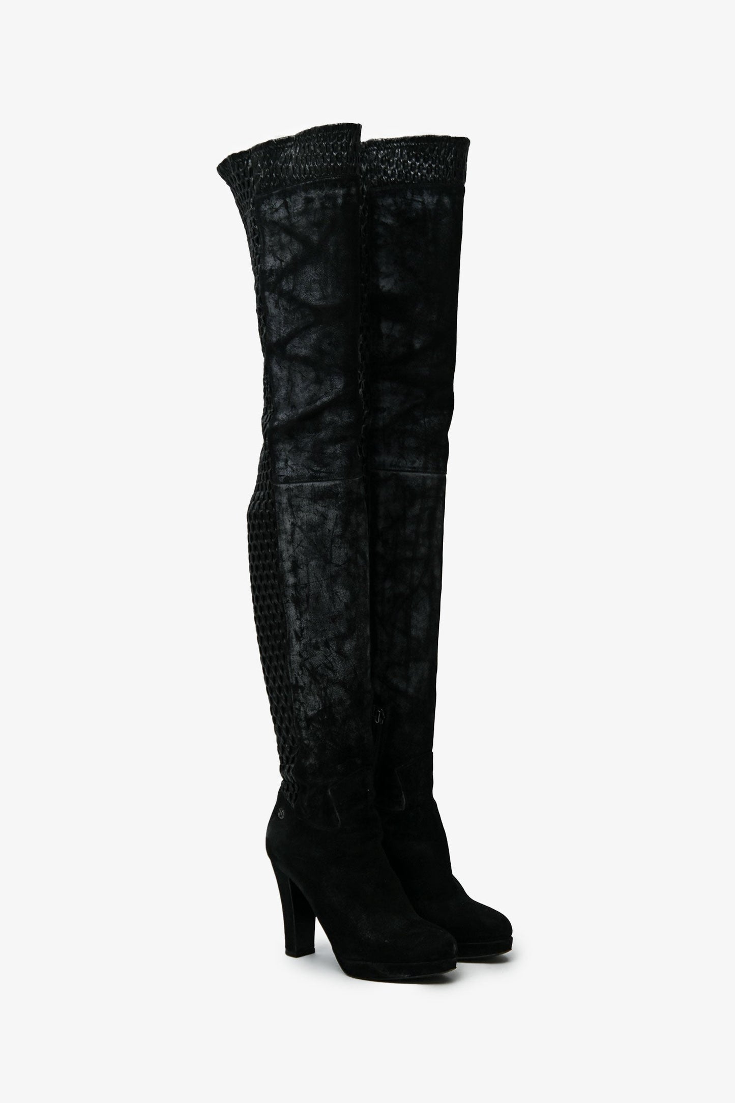 Pre-Loved Chanel™ Black Leather Distressed Textured Thigh High Boots Size 37