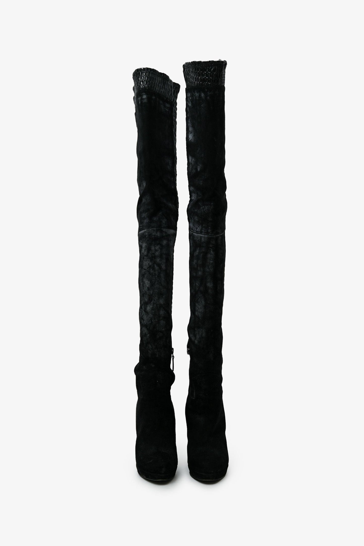Pre-Loved Chanel™ Black Leather Distressed Textured Thigh High Boots Size 37