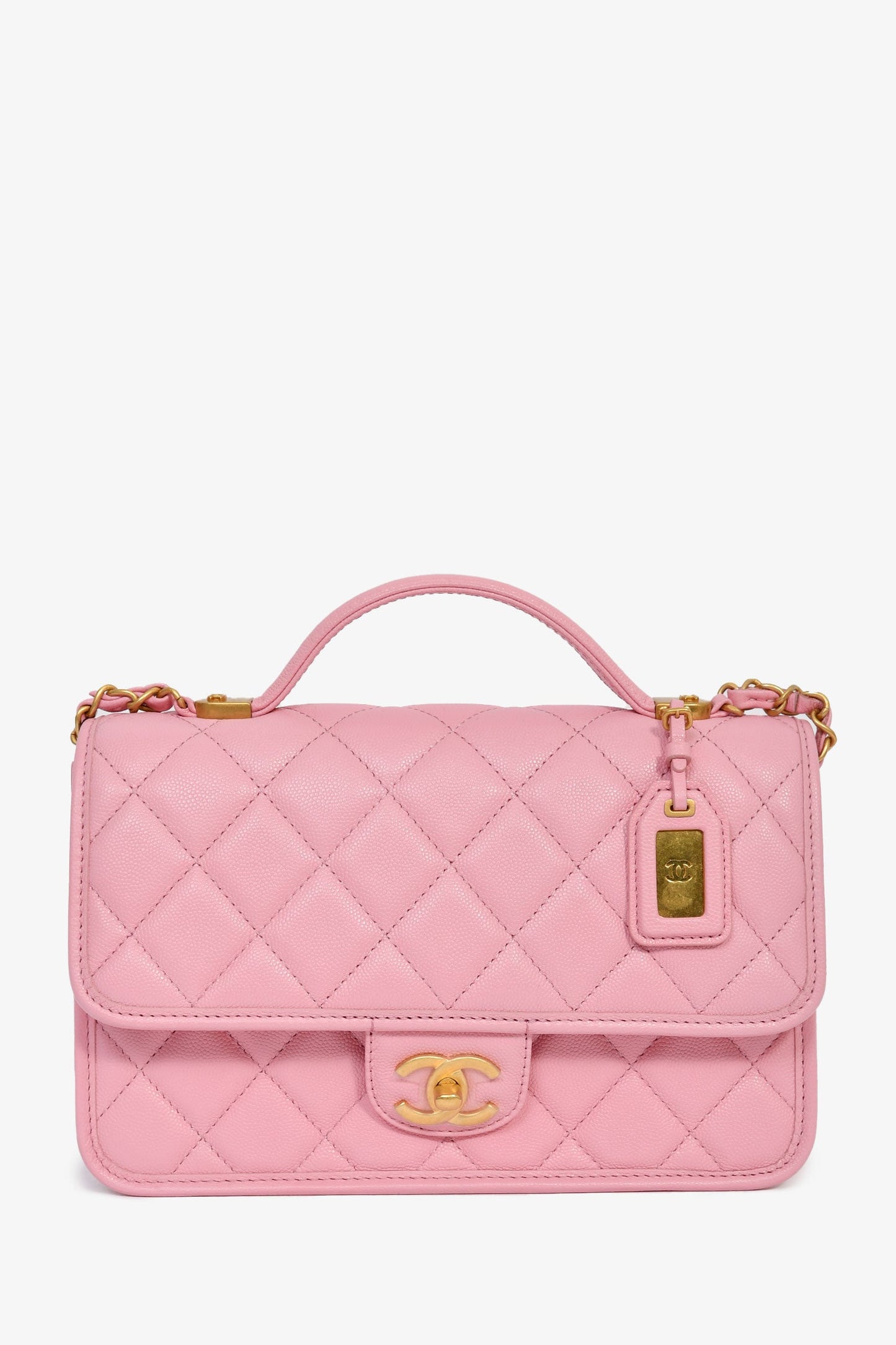 Pre-Loved Chanel™ 2022 Bubblegum Pink Caviar 'School Memory' Top Handle with Aged Gold Hardware