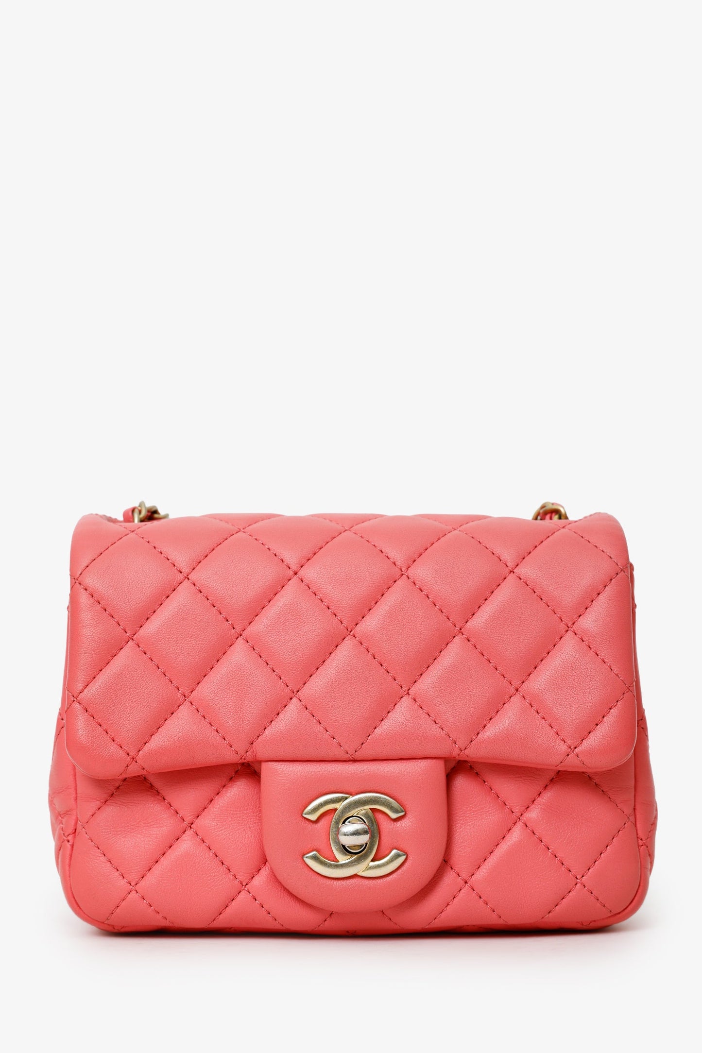 Pre-Loved Chanel™ 2021 Pink Quilted Lambskin Mini Square Pearl Crush Flap Bag
