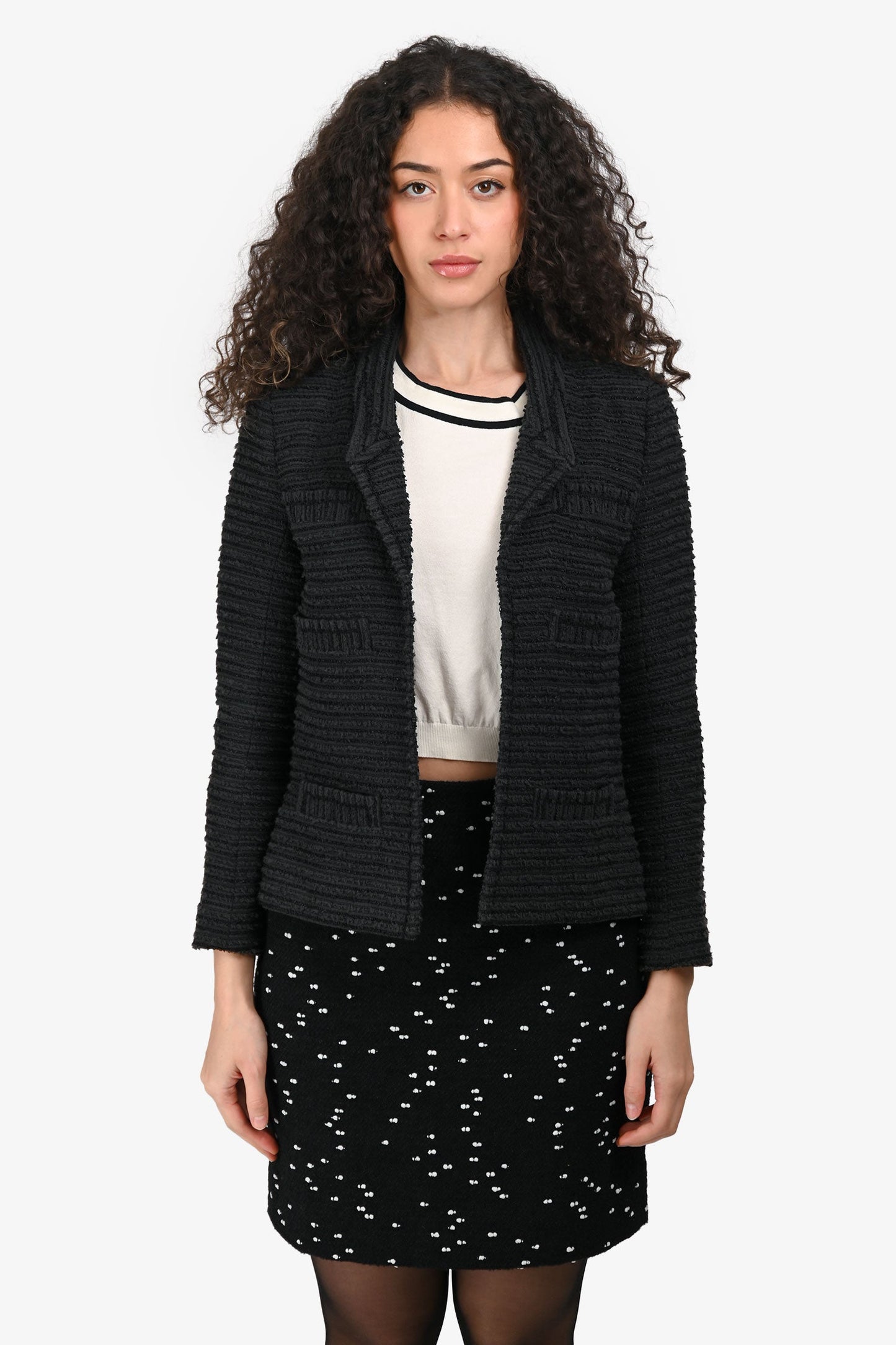 Pre-Loved Chanel™ 2014 Black Cotton Blend Tweed CC Logo Embellished Button Evening Jacket Size 36