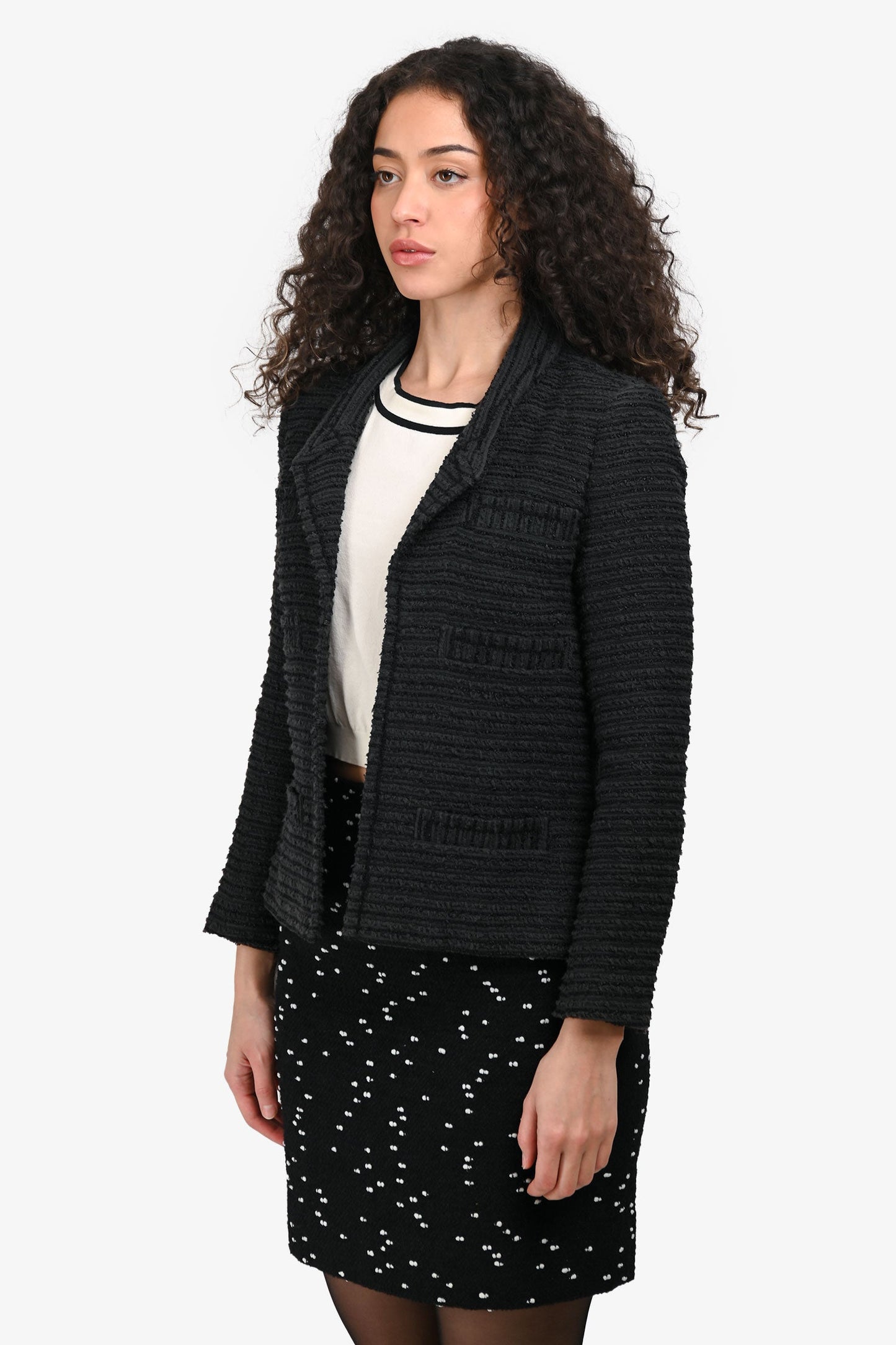 Pre-Loved Chanel™ 2014 Black Cotton Blend Tweed CC Logo Embellished Button Evening Jacket Size 36