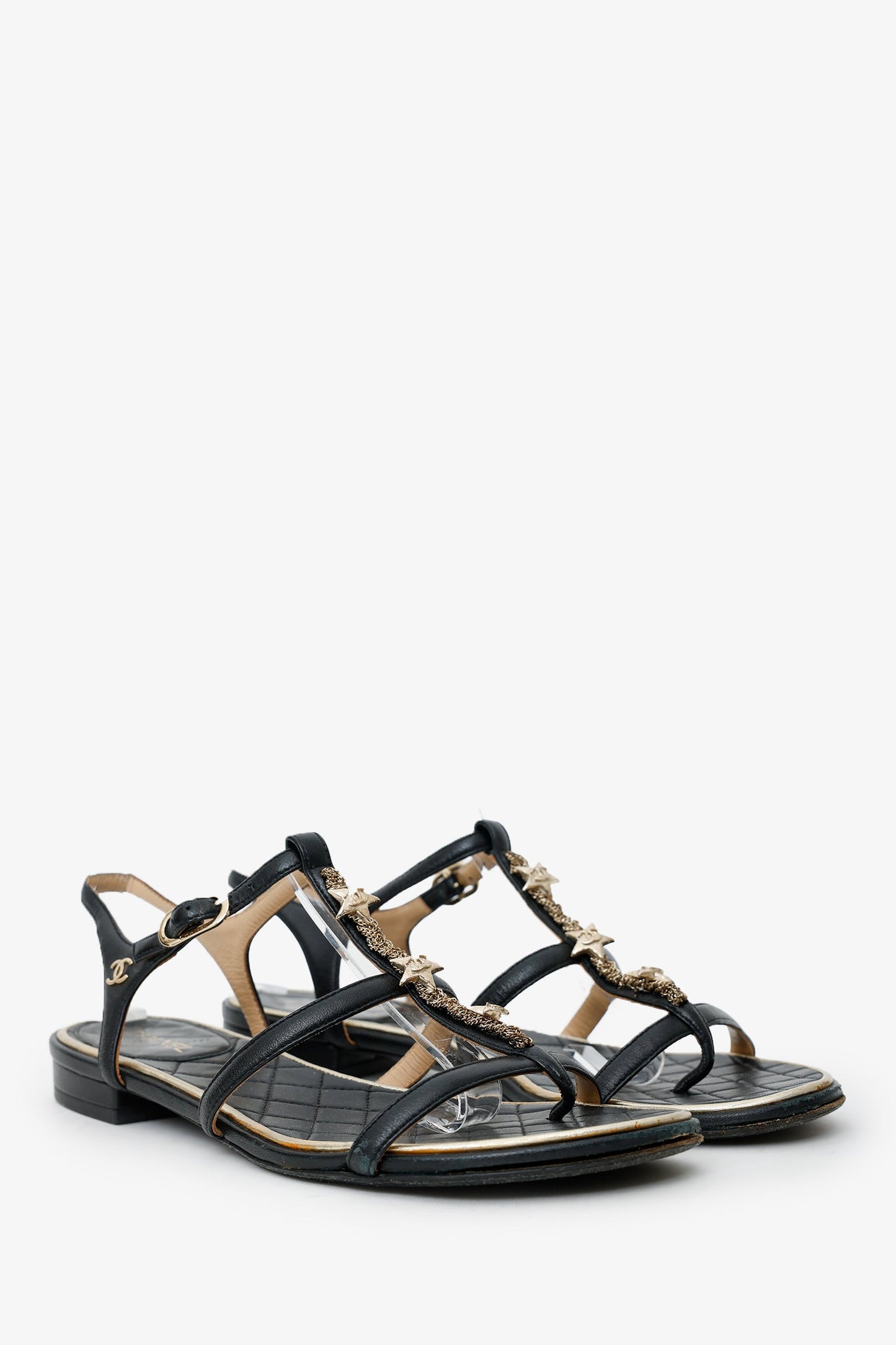 Pre-Loved Chanel™ 2015  Black Leather Star Embellished Strappy Sandals Size 37
