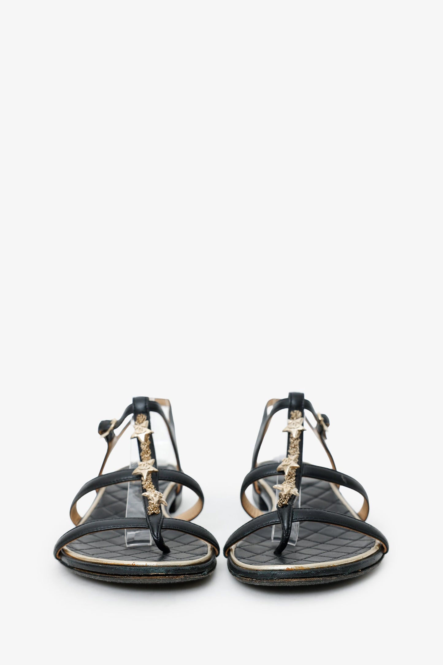 Pre-Loved Chanel™ 2015  Black Leather Star Embellished Strappy Sandals Size 37