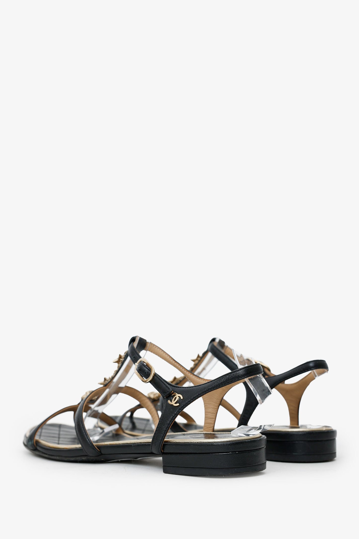 Pre-Loved Chanel™ 2015  Black Leather Star Embellished Strappy Sandals Size 37