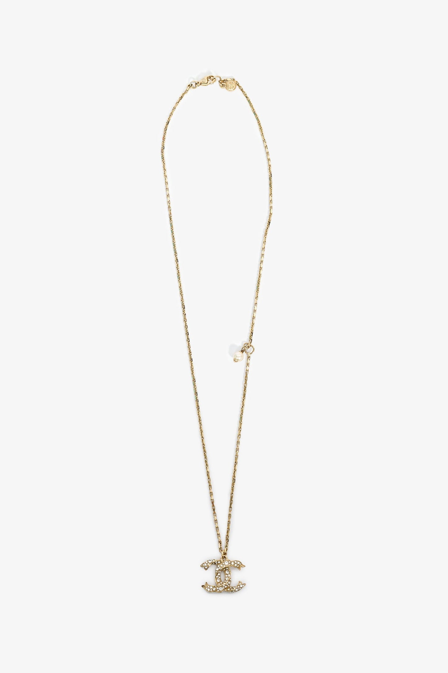 Pre-Loved Chanel™ 2019 Gold Tone Crystal Detail CC Faux Pearl Drop Necklace