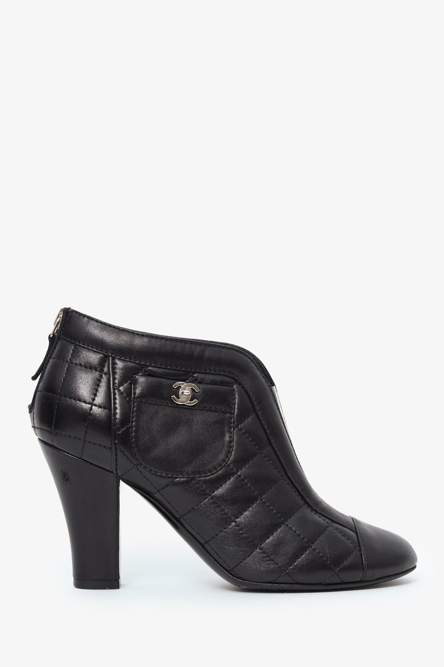 Pre-Loved Chanel™ Black Quilted Lambskin CC Turn Lock Ankle Boots Size 37.5