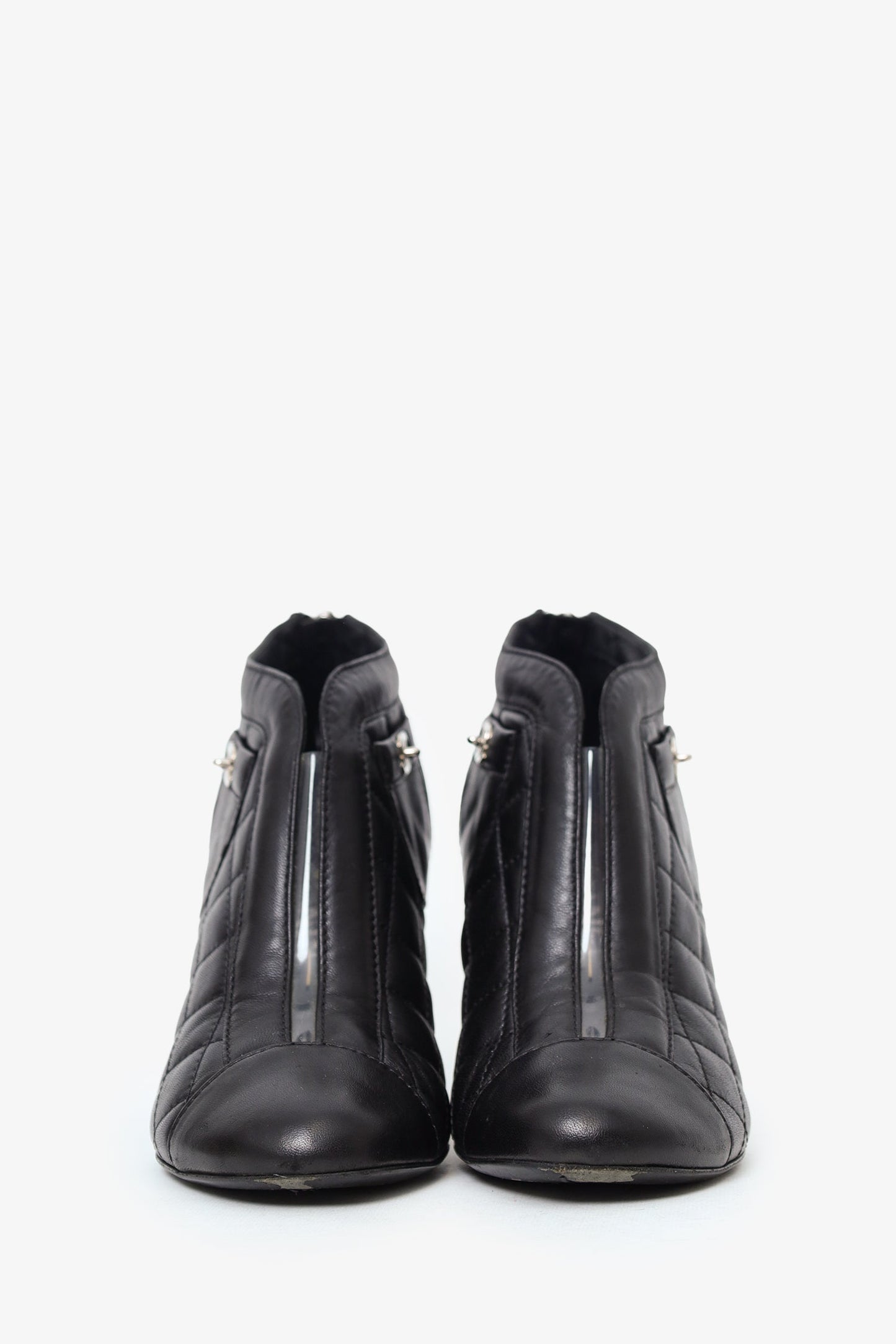 Pre-Loved Chanel™ Black Quilted Lambskin CC Turn Lock Ankle Boots Size 37.5