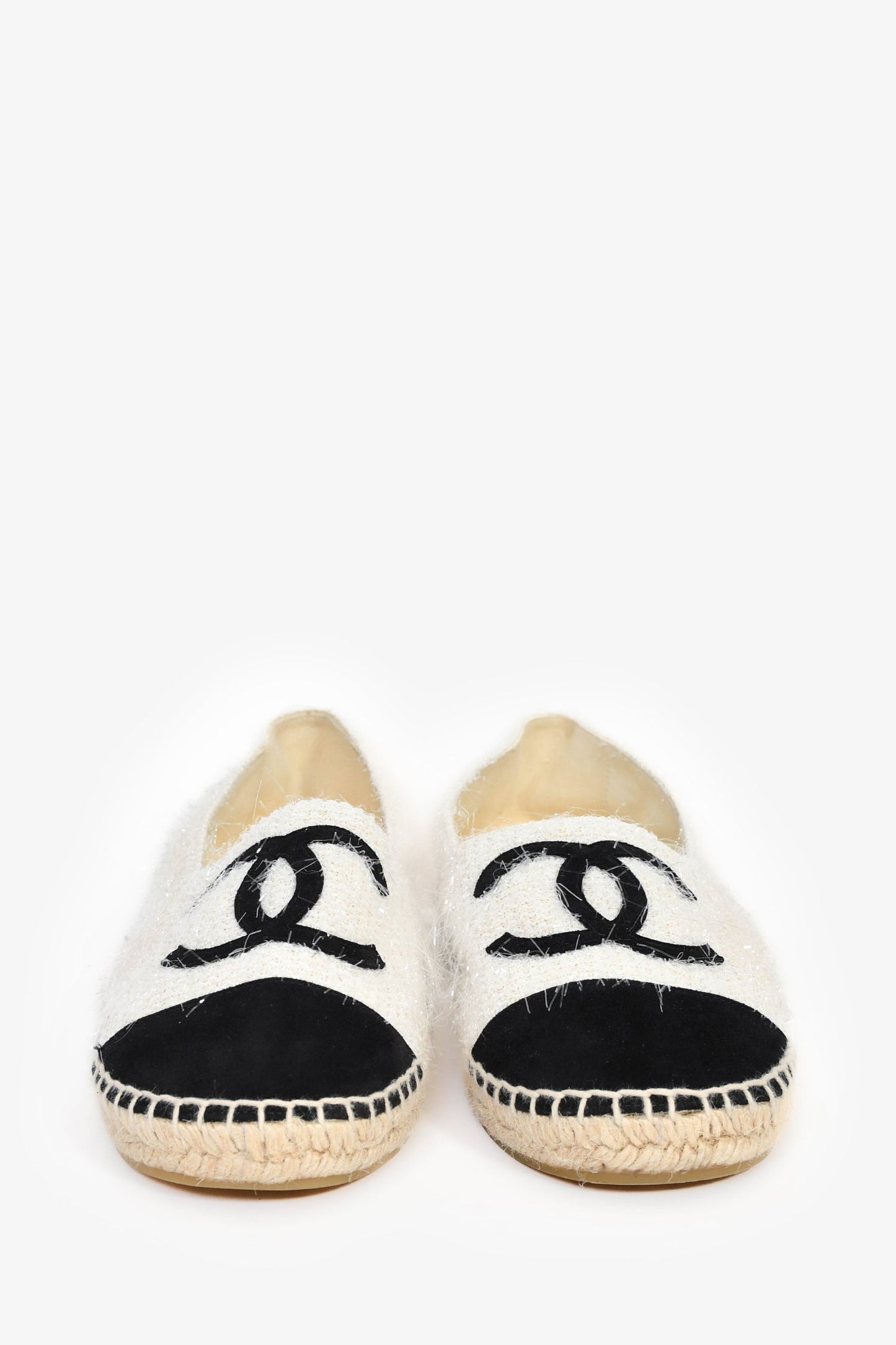 Pre-Loved Chanel™ White/Black Tweed Velvet CC Espadrille Flats Size 36
